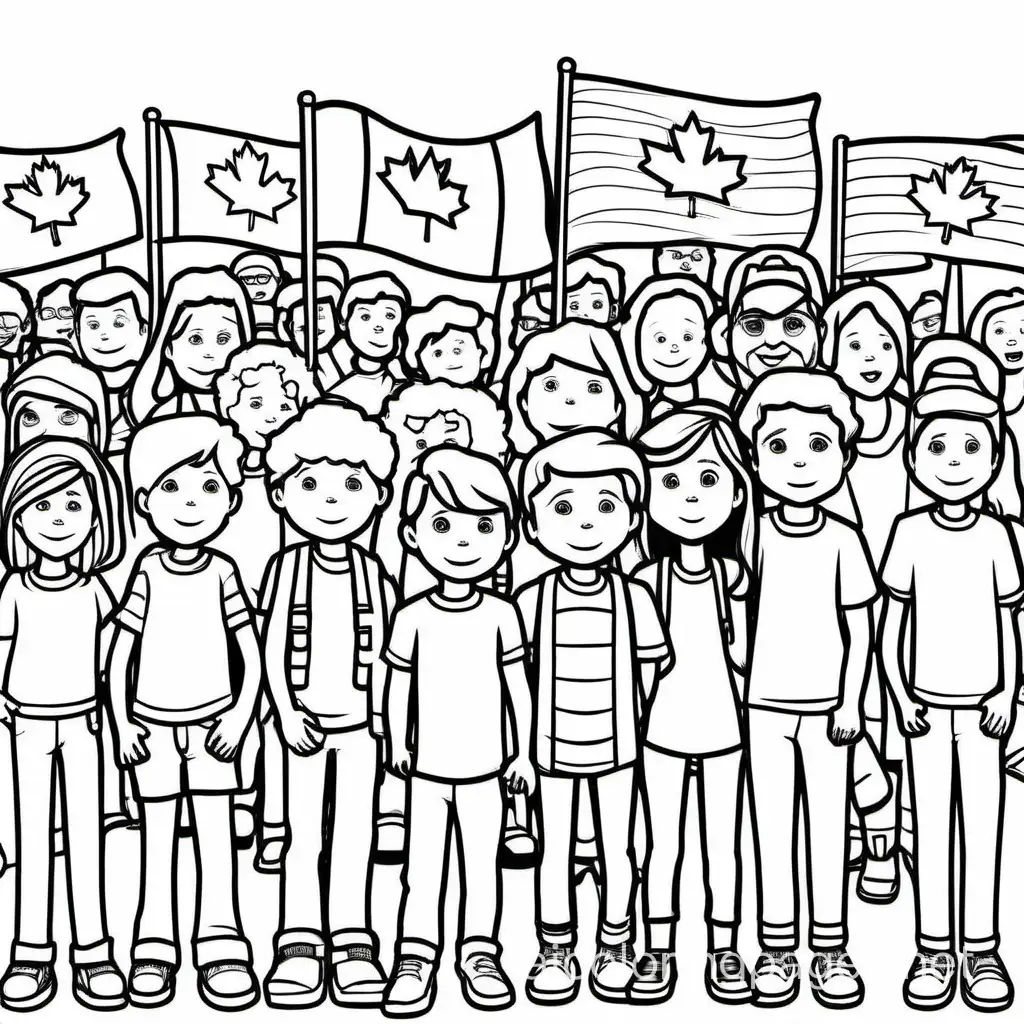 Canada people protesting, Coloring Page, black and white, line art, white background, Simplicity, Ample White Space. The background of the coloring page is plain white to make it easy for young children to color within the lines. The outlines of all the subjects are easy to distinguish, making it simple for kids to color without too much difficulty