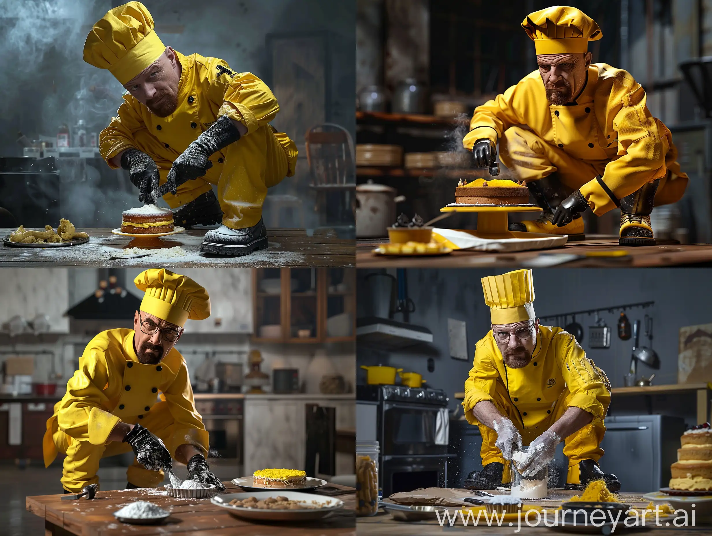 Breaking Bad's Walter White, wearing a yellow chef's hat and cooking clothes yellow and black boots, is mixing cake ingredients on a wooden table, look at the camera, serious face, all body, realistic, breaking bad model, cinematic lighting, q2