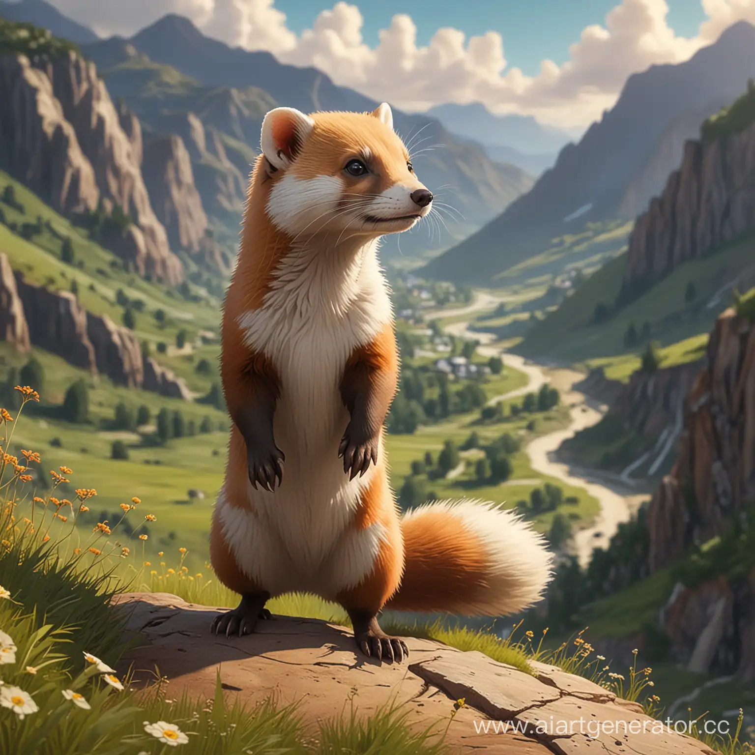 a concept art of fox size ferret standing on a valley in Semirealism and studio ghibli style digital art for video game