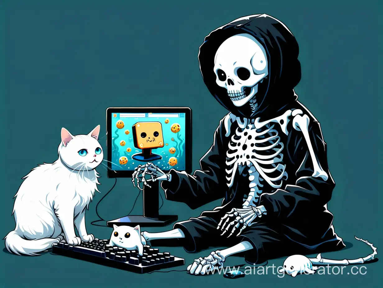 Skeleton-Playing-Computer-Games-with-a-Cat-and-Jellyfish-Friend