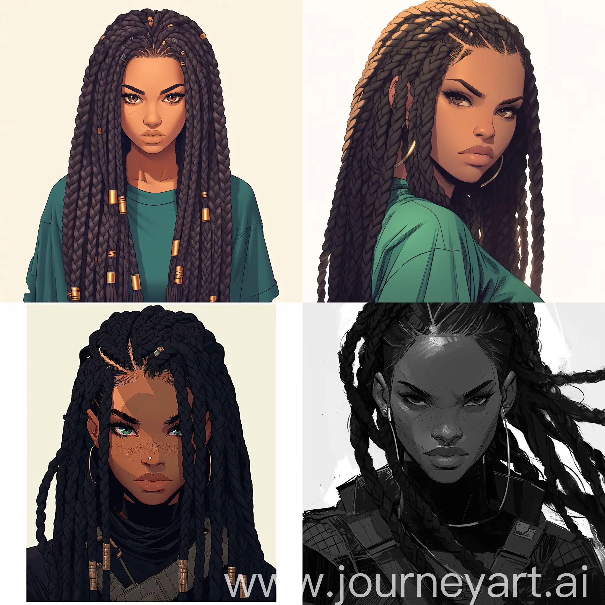 black female, box braids, 
character art by Matt Fraction, simplistic shading, strong lines, heavy bold linework, animated illustration, I cant believe how beautiful this is, style of hyperrealistic fantasy, cartoon/anime/comic/graphic novel inspired:: anime::-0.1 --niji 6 --s 250
