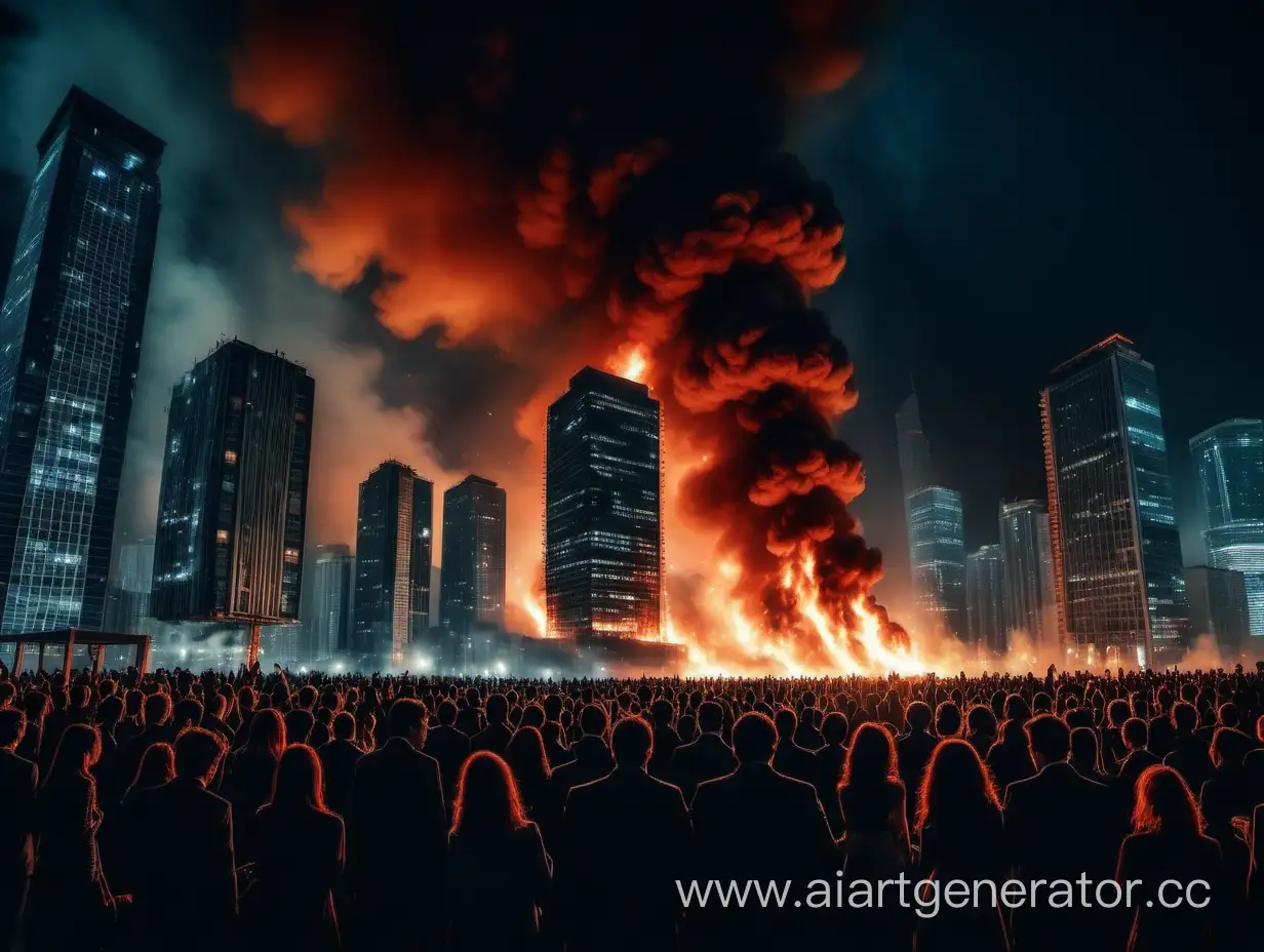 Urban-Chaos-Crowd-Amidst-Burning-Skyscrapers-at-Night