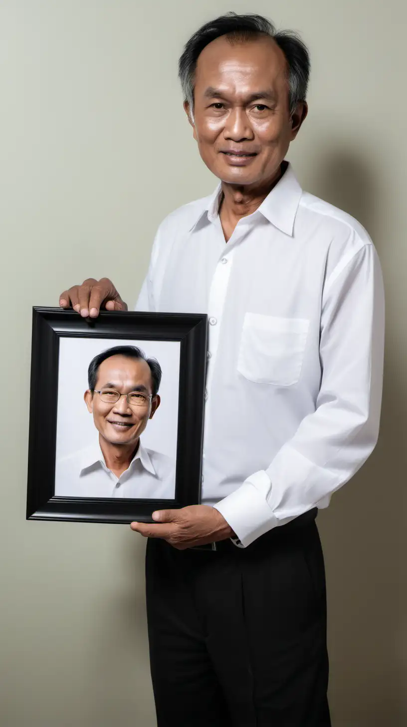 Elderly South East Asian Man Presents Picture Frame in Stylish Attire