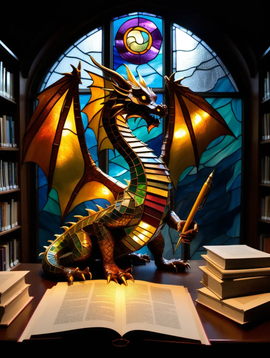 Enchanted Library Guardian Dragon Sculpture Stained Glass and Golden Pen
