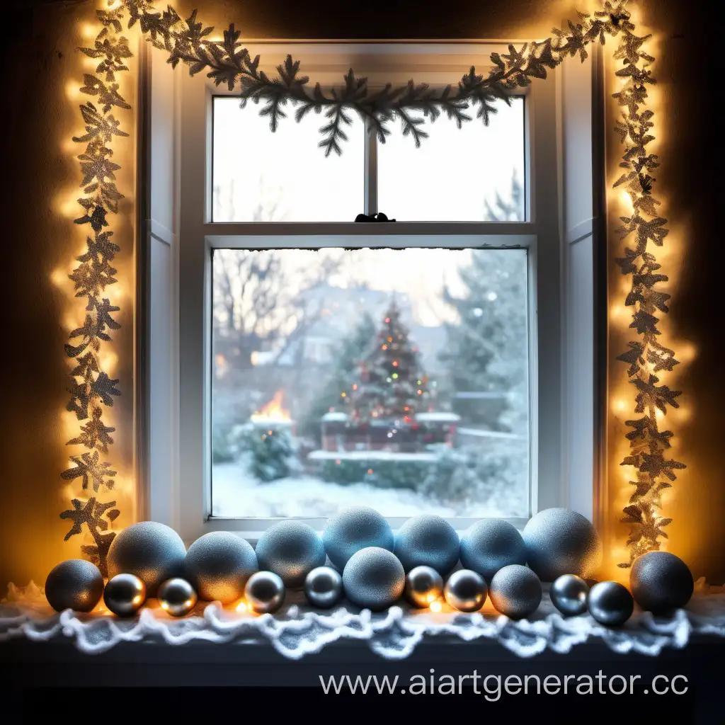 окно с морозным узором с гирляндой на подоконнике разбросаны шарики и новогодние украшения на заднем фоне горит камин атмосфера праздника