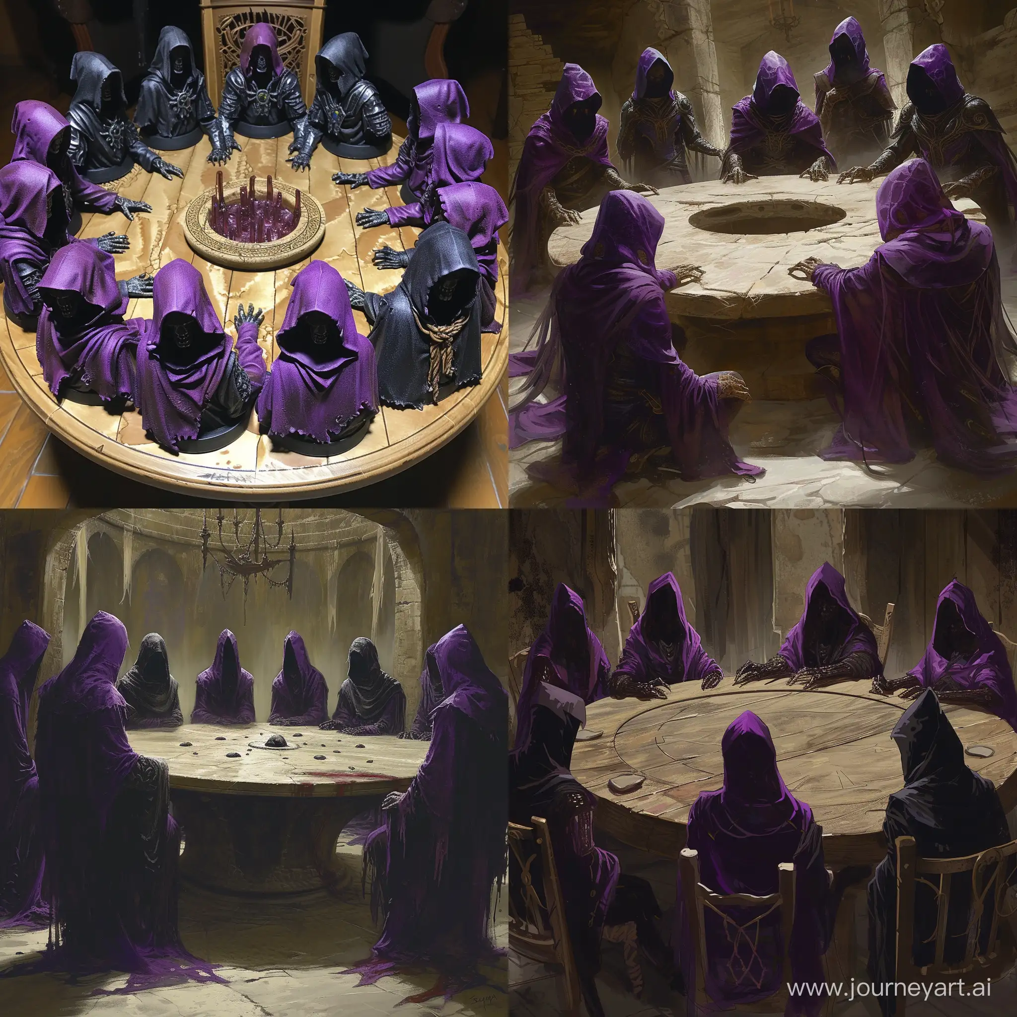Круглый стол а которым сидят некроманты в фиолетово-чёрных капюшонах.