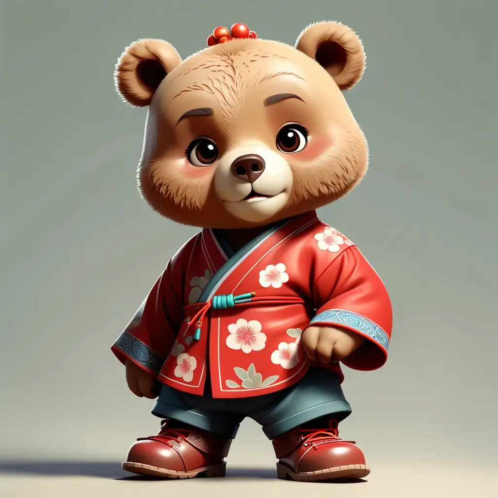 illustrate a cute bear with two foot in cartoon style with chineas clothes with boots with clear background