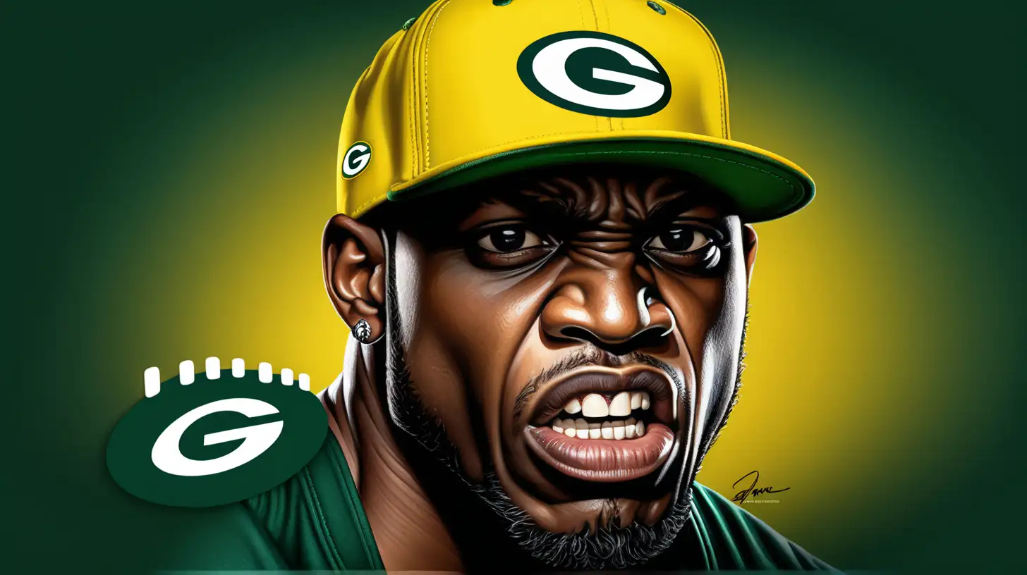 "Create an realistic 32k image of a fierce-looking darkish black man with intense eyes, mean snarl on his face  wearing a dark baseball cap of The Greenbay Packers sports team. The person is covering their mouth with one hand, which has the words 'Strength and Honor' tattooed on the fingers. The background is green and yellow and dramatic, emphasizing the person's determined expression. This person should exude an aura of determination and resilience. Add a subtle logo of the Greenbay Packers team on the cap.