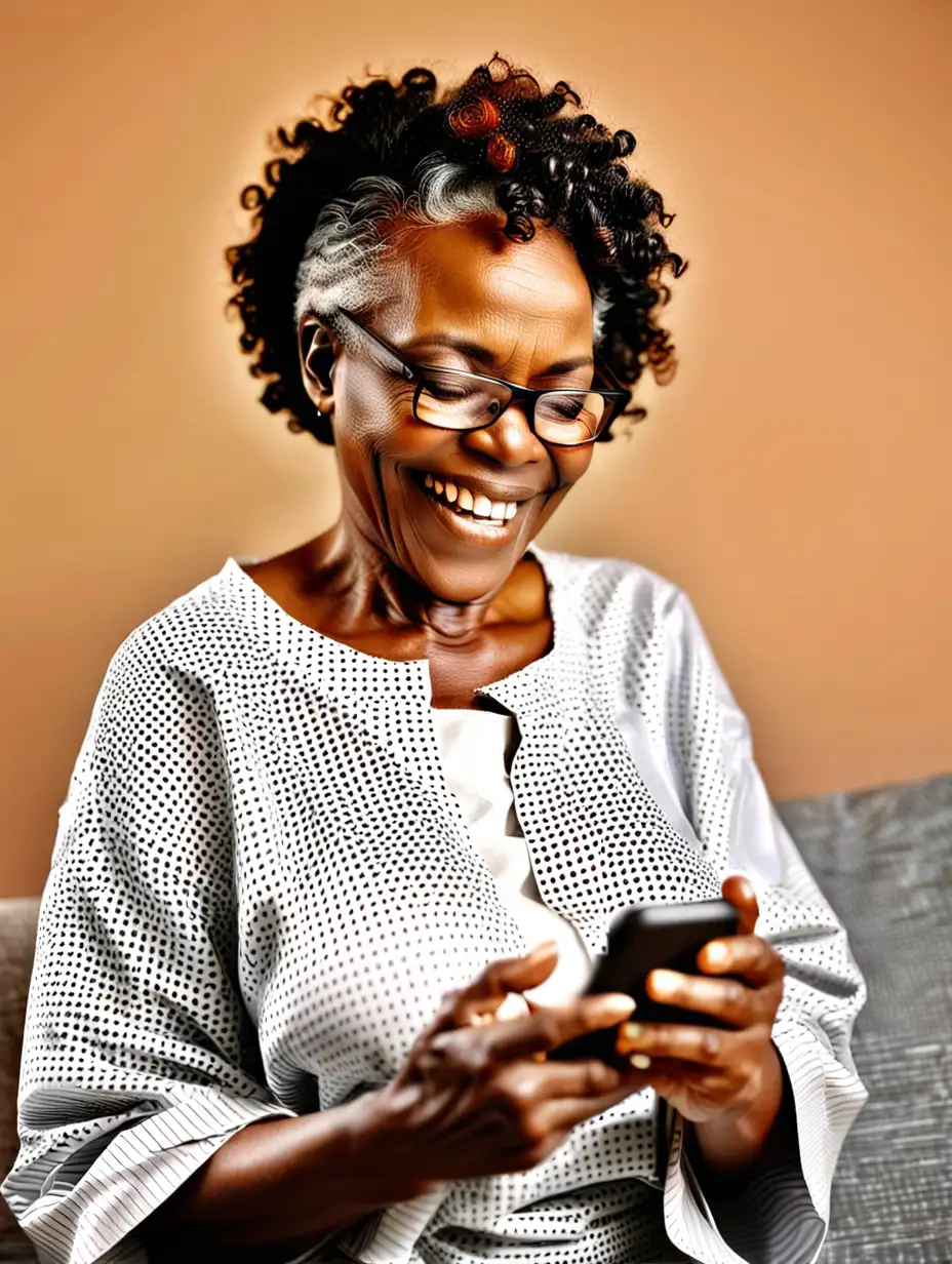 Happy African mature woman reading text message on phone