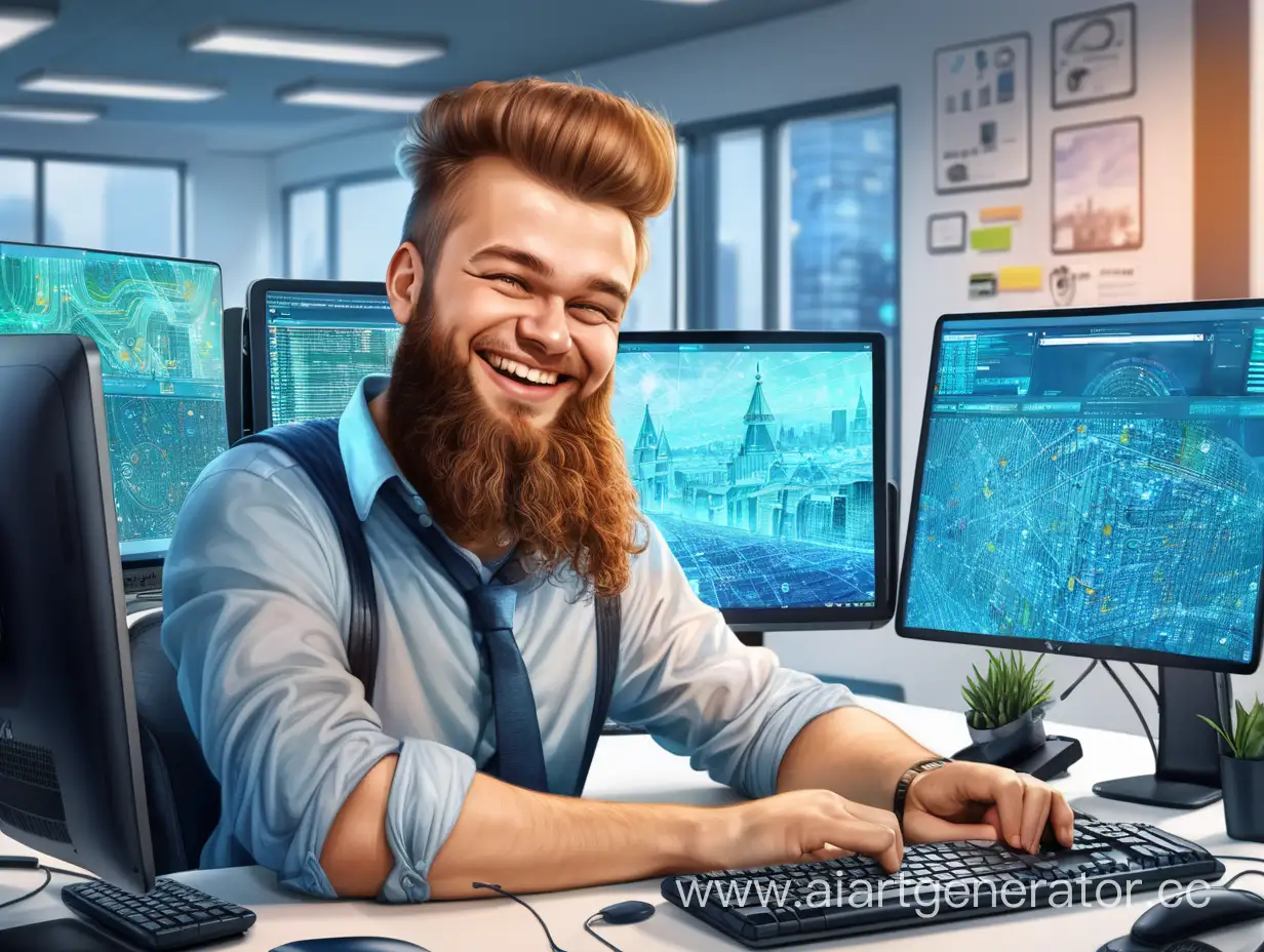 счастливый российский программист с волосами сидит за компьютеров в офисе и работает над проектом умный город