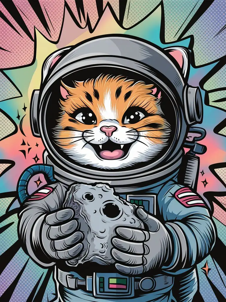 Happy cat astronaut holds a piece of the moon, vector art, cartoon style, popart,  pastel colors, great details, very high quality