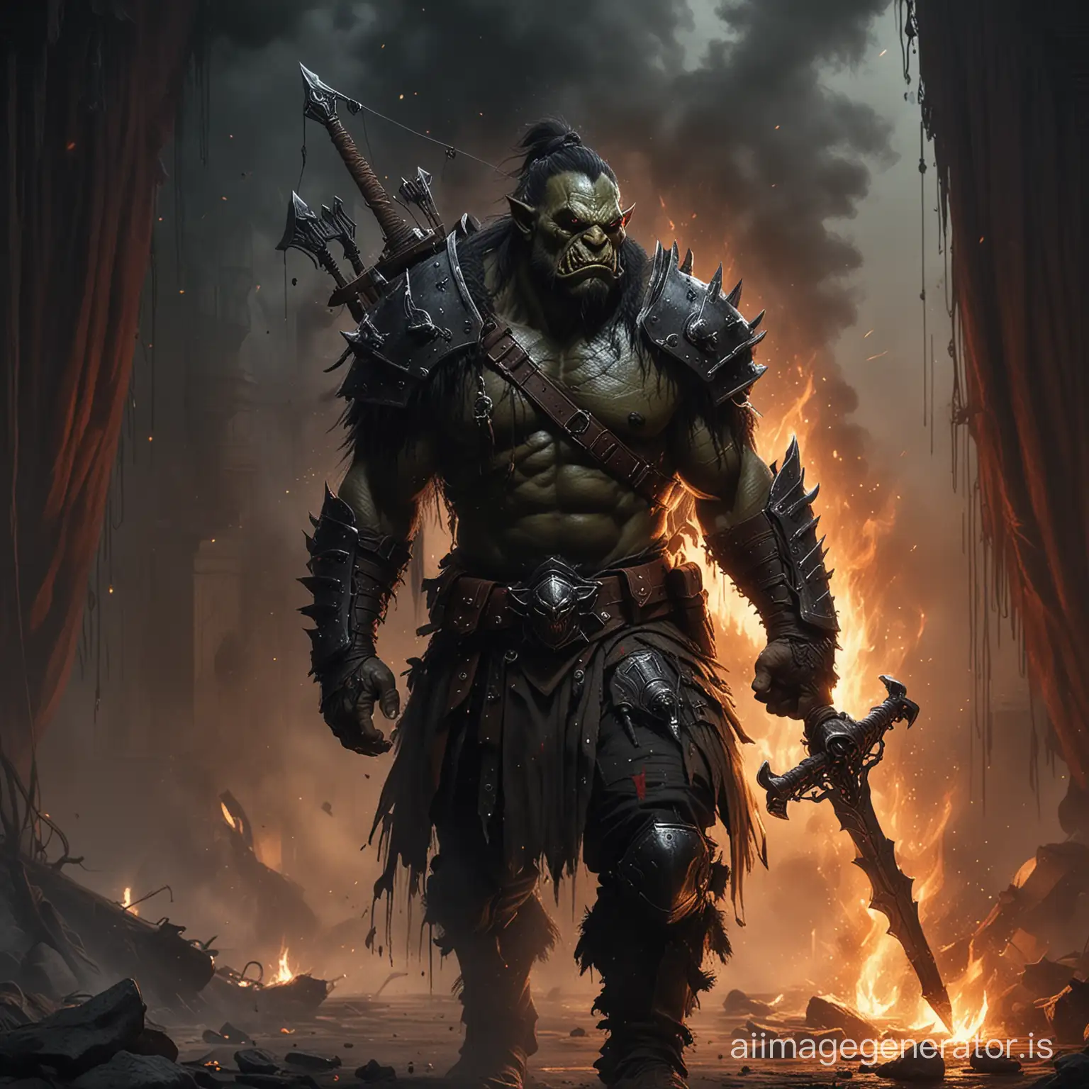 In a mesmerizing display of splashing brushstrokes, an intricate realistic digital painting masterpiece emerges. An orc, dressed in dark armor and carrying two swords in his belt, a crossbow on his back, against a backdrop of fire curtains surrounded by black smoke and a dark atmosphere of candlelight that reveals his obscured figure and emotional intensity. Ethereal, otherworldly, incredible detail, 
