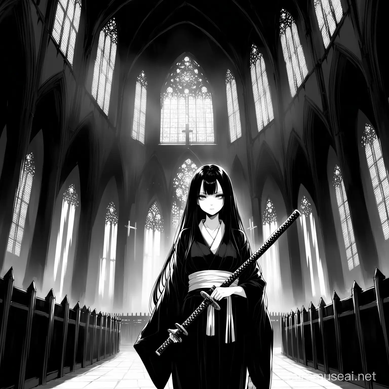 black and white, anime girl, very long black hair, pale skin, long black kimono, katana, ghotic church 