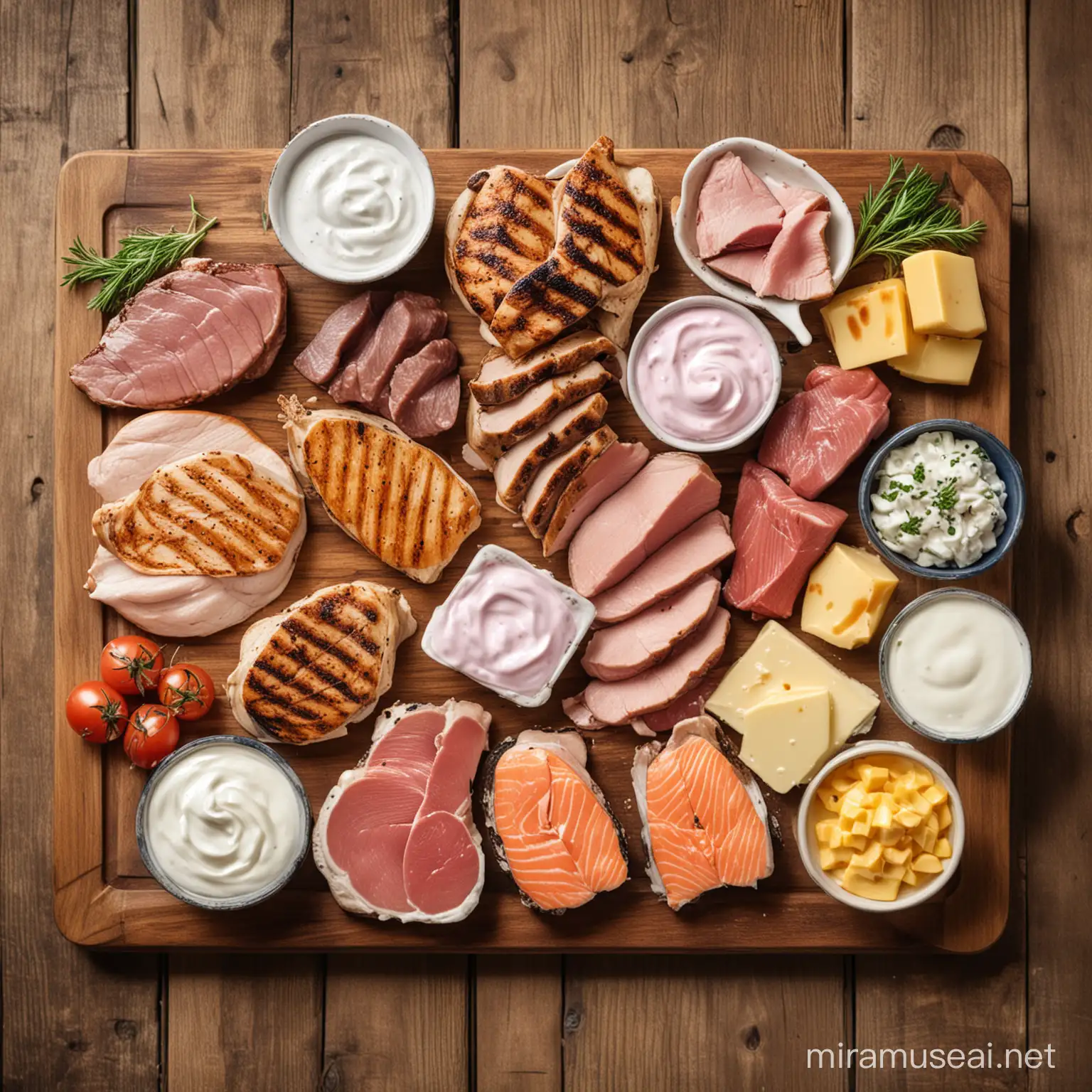 An assortment of animal-based protein sources arranged on a rustic wooden table or cutting board. Include images of grilled chicken breasts, salmon fillets, lean beef steaks, and a variety of dairy products like Greek yogurt and cheese. This image visually represents the diversity of protein options available from the animal kingdom.