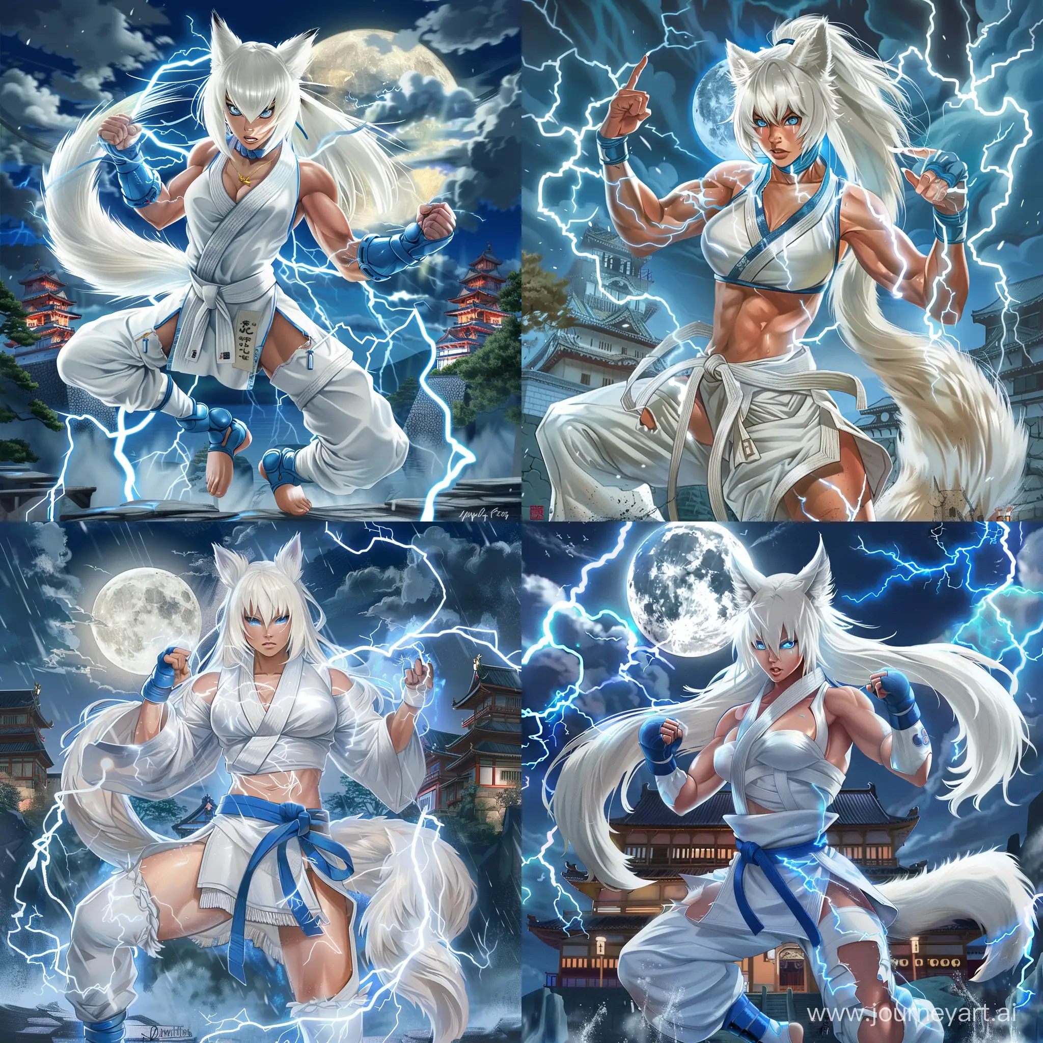 Dynamic-Anime-Style-Asian-Woman-with-White-Fox-Features-Using-Lightning-Magic-at-Japanese-Castle-Night-Scene