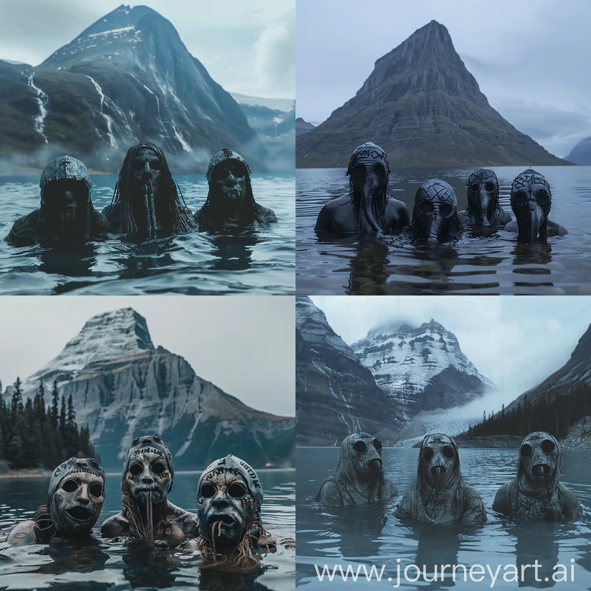 three people in a body of water with a mountain in the background, black hollow eyes, runic words, tiktok video, inuit heritage, old humanoid ents, wlup, watermark:-1, gaping gills and baleen, meme, finnish naturalism, the masks come off at night, frontpage, aliased, high qulity, peoples