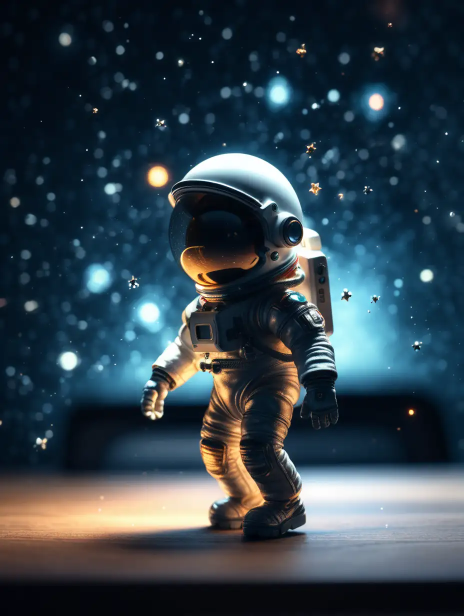L’immagine di un astronauta minuscolo che cammina su una scrivania, lo sfondo è sfocato e l’atmosfera è fantastica e drammatica. Atmosfera buia con particelle 