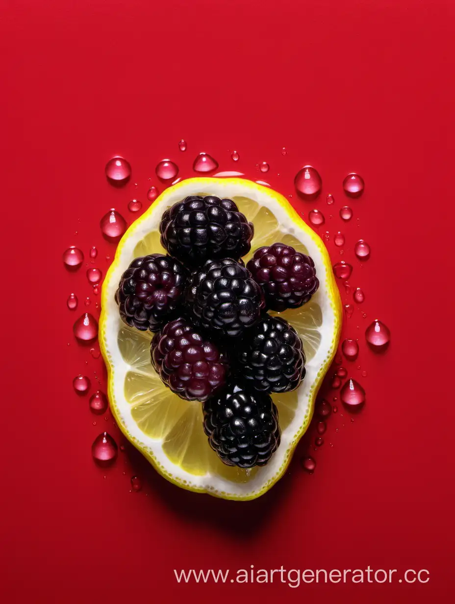 Boysenberry-and-Lemon-Slices-Water-Droplets-on-Vibrant-Red-Background