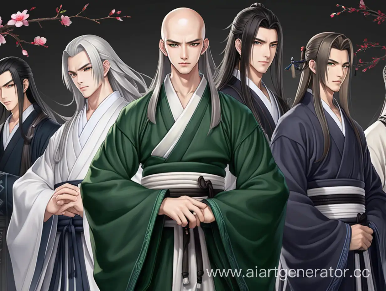 Group-of-Handsome-Men-and-a-Bald-Buddhist-Monk-in-Colorful-Hanfu-Robes