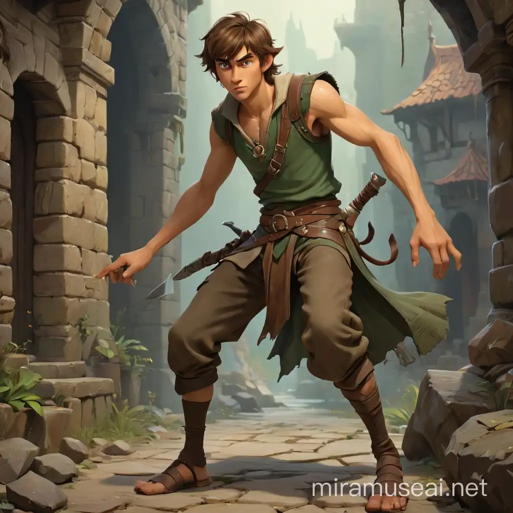 Dungeons amd dragons, skinny, worn-out clothes, hustler with thin arms and legs, brown-haired, pointy-faced guy