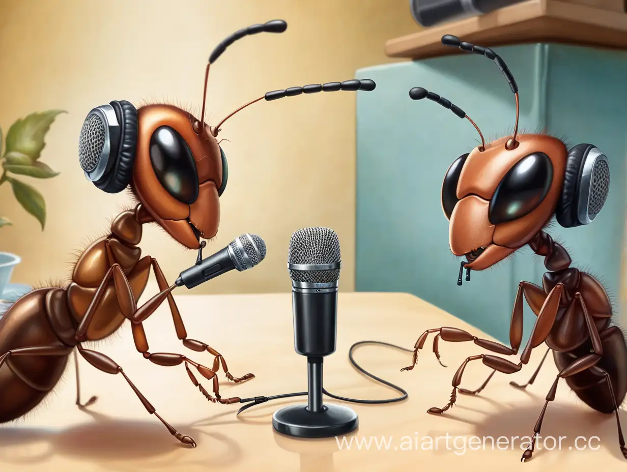 Два муравья сидят за столом в наушниках и с микрофоном
