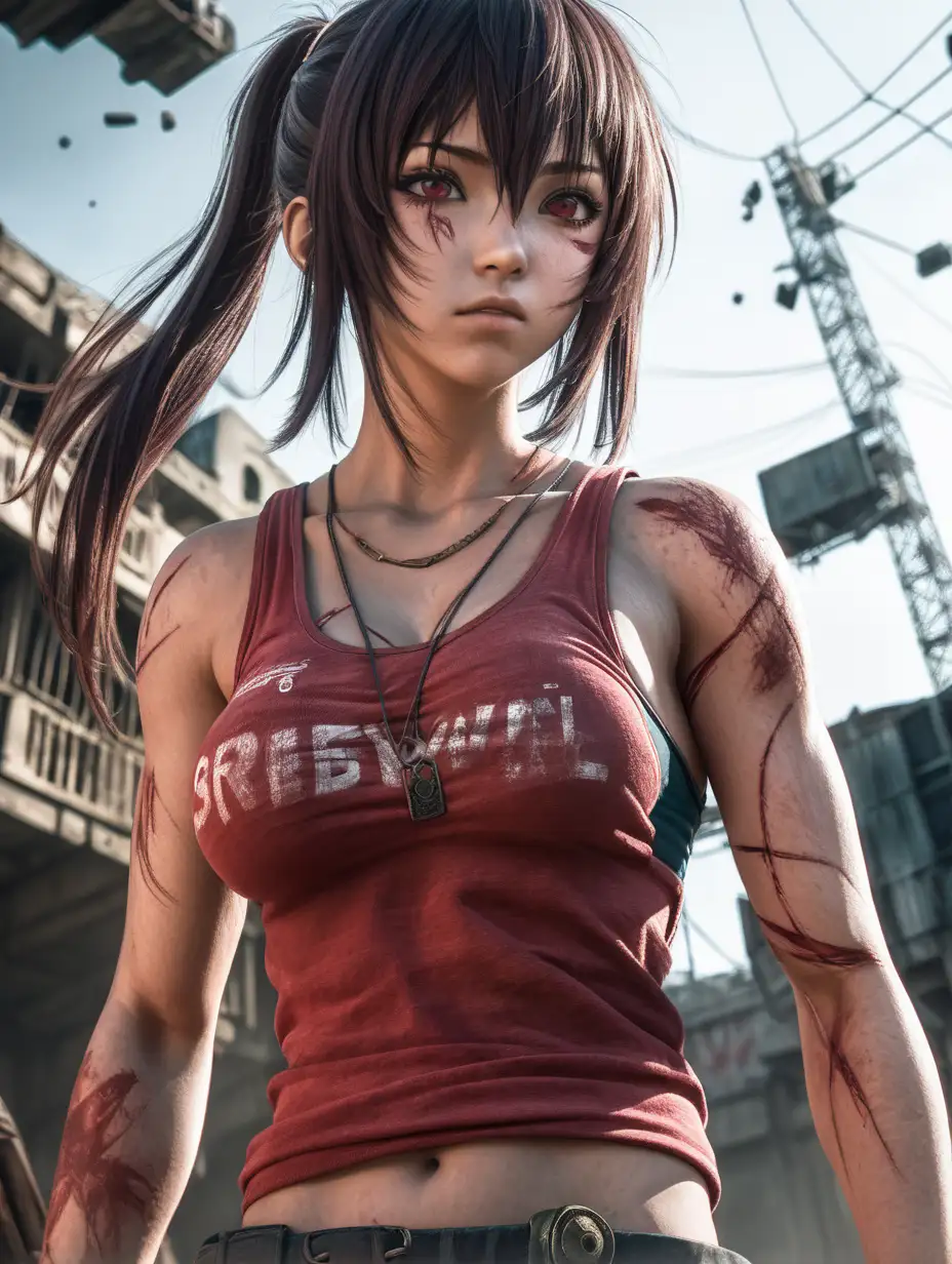 (cinematic lighting), In a post-apocalyptic world, a beautiful resilient anime girl dons a worn red tank top, perfect breast, revealing battle scars and determination, as she faces the challenges of survival with a blend of strength and grace, half body photo, angle from below, intricate details, detailed face, detailed eyes, hyper realistic photography, --v 5