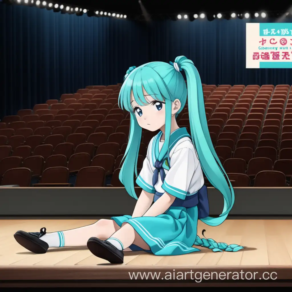 девушка с бирюзовыми длинными волосами, которые собраны в два хвоста, она сидит на сцене, а зал которому она должна петь пустует и надпись "coming soon", она выглядит грустной, она одета в японскую школьную форму