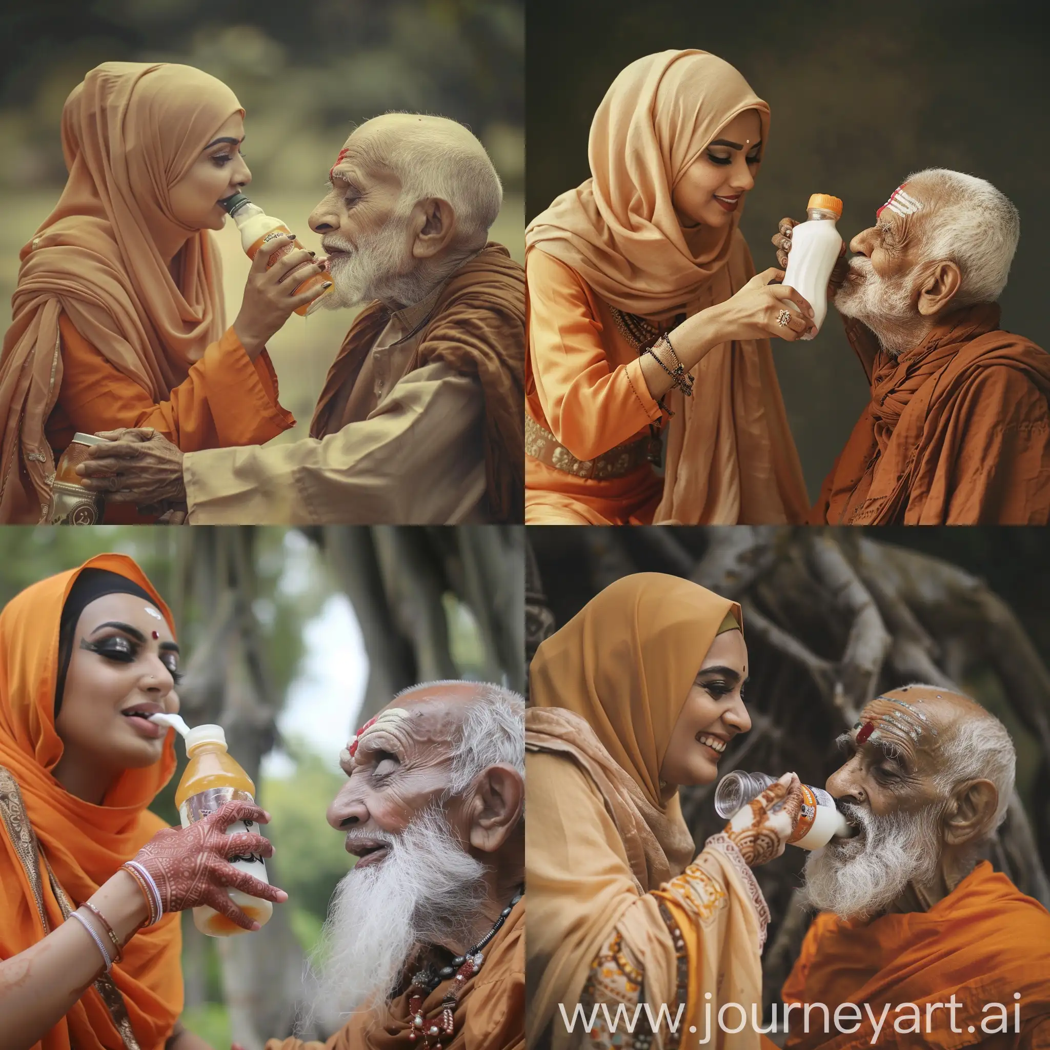 Hilarious images of a very gorgeous generous Arabian Hijabi woman feeding bottled milk to an old dravidian-hindu monk,