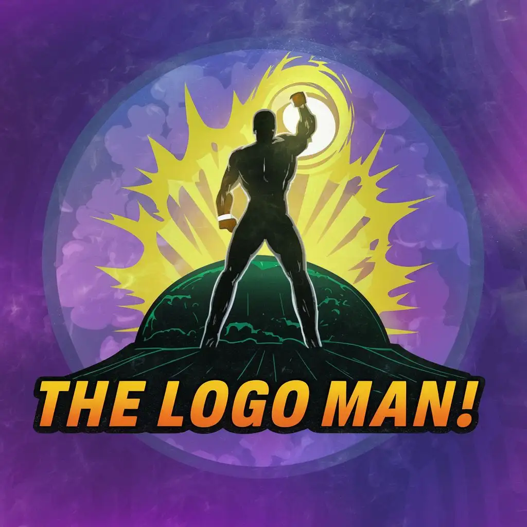 logo, a black guy blasting a Kamehameha from one hand after a fight with his world ending nemesis, with the text "The logo man.", typography