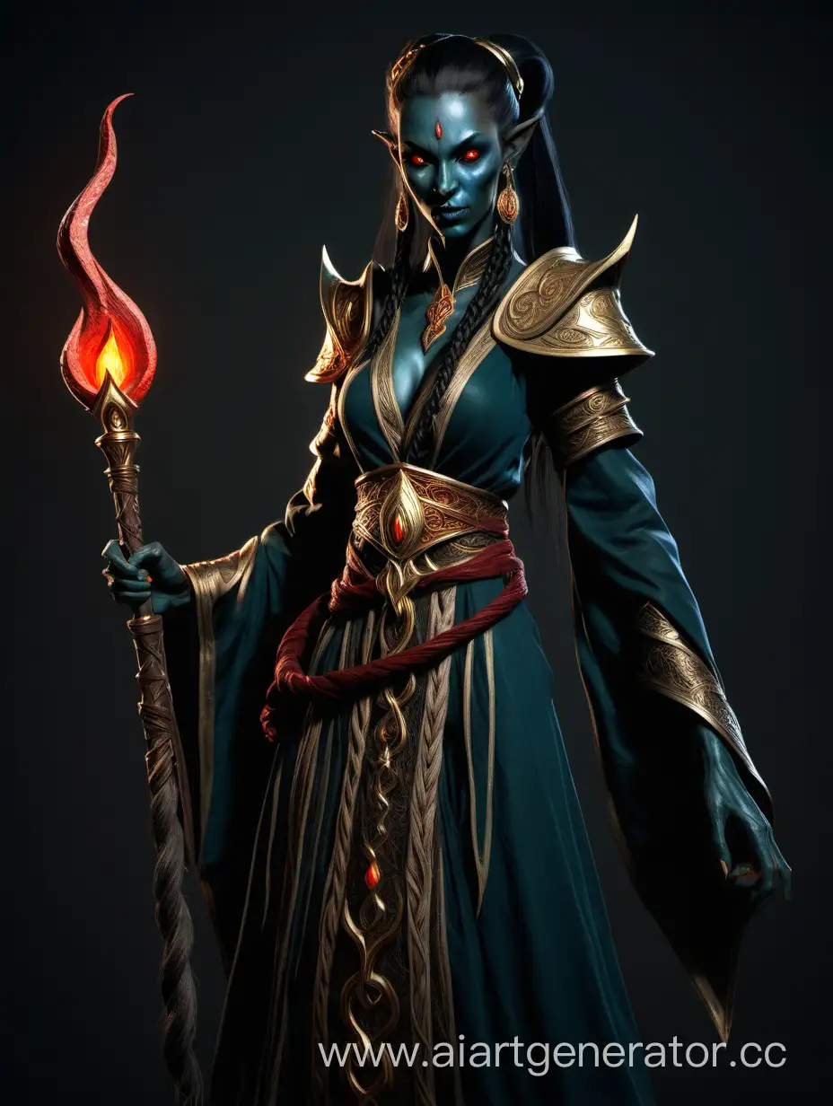 A beautiful Dunmer mage from the Elder Scrolls Series, she has dark green skin, red glow eyes, wears a black robe with golden embroidered decoration, she has several long braided pigtails, black hair color, she has pointy ears with several golden earrings, in one hand she carries a golden and heavily decorated battle staff in the other hand she holds a blue flame, she looks at the viewer with a slightly arrogant grin, dark background, dim lighting
