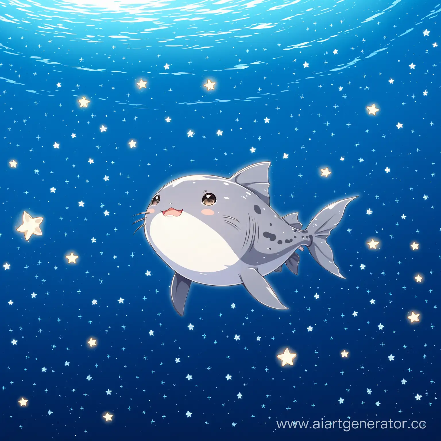 маленькая анимешная серая рыбка сом купается в голубом ярком море и вокруг нее звезды
