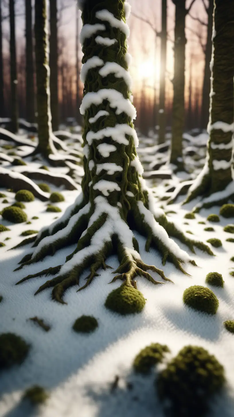 Enchanting SnowCovered Forest with Exposed Roots in Radiant Sunset