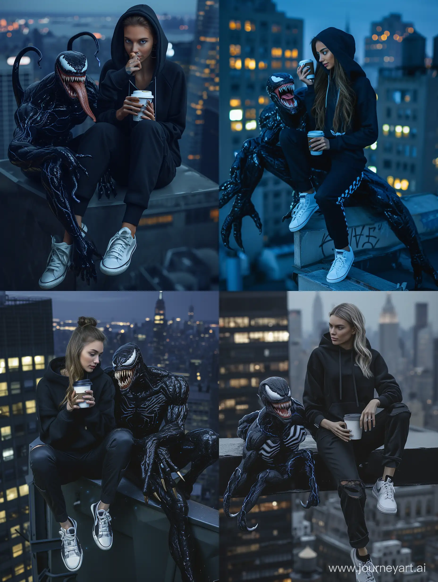 Beautiful American woman (25 years old, oval and clean face, ideal body, neatly tied hair, very realistic skin, wearing a black hoodie, trousers and sneakers. The woman is sitting on top of a New York building with the Venom creature at night while drinking coffee and enjoy the view.Ultra HD bright, original photo, high detail, very sharp, 18mm lens, realistic, photography, Leica camera