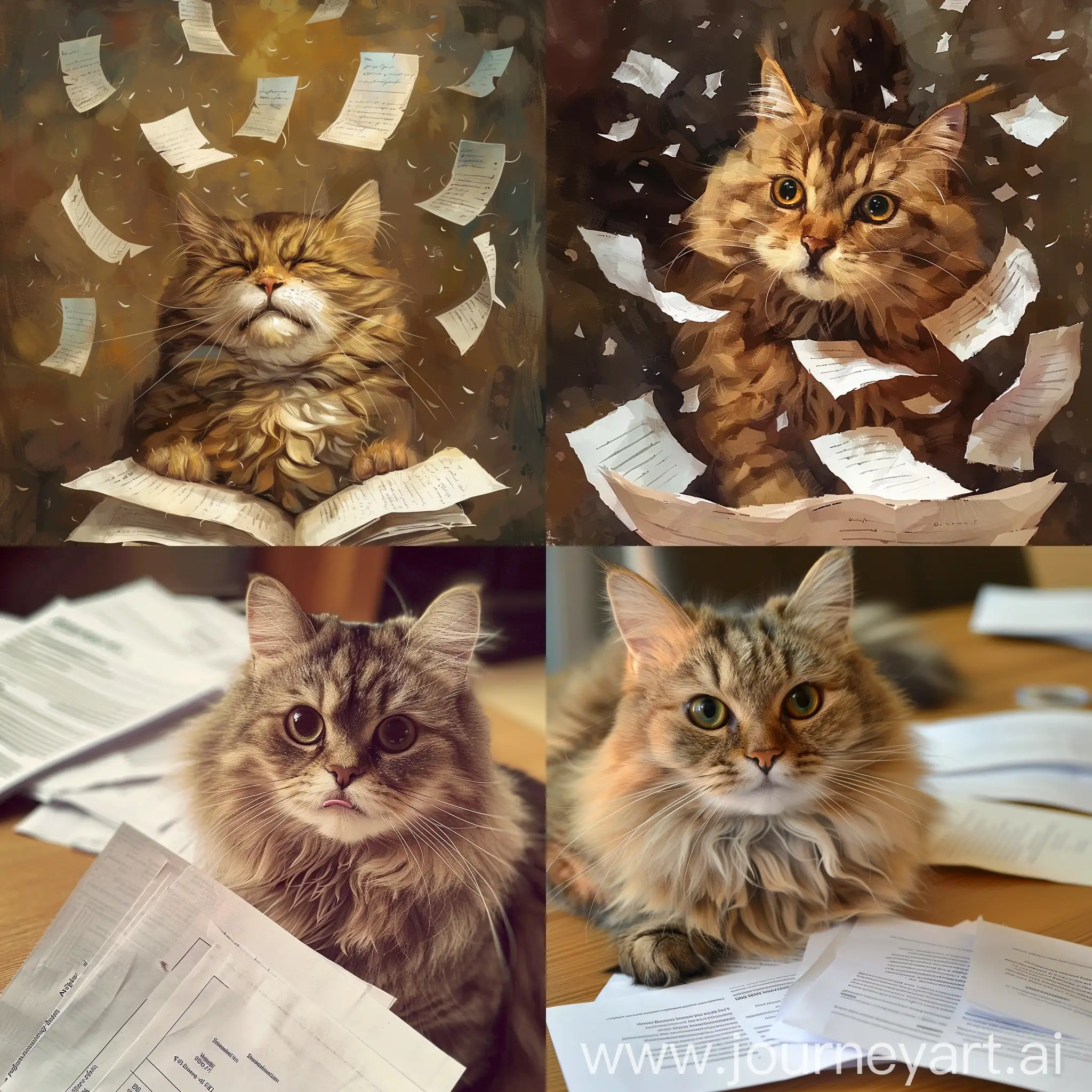 Give me a picky cat that is observing papers. The style is like alice in wonderland.