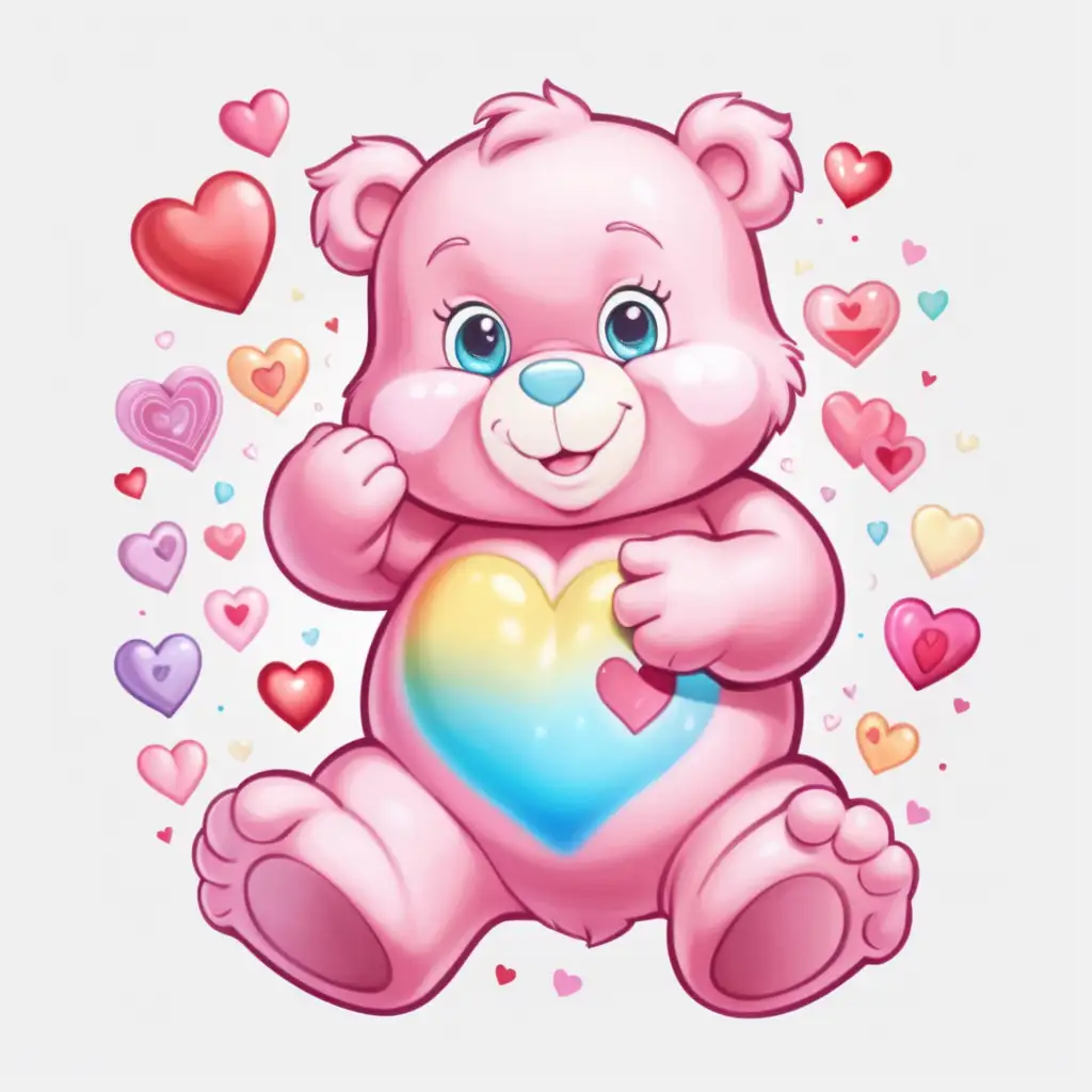 pastel,care bear with glowing heart on the belly, beautiful valentine background,   with valentine hearts around, sticker,white background