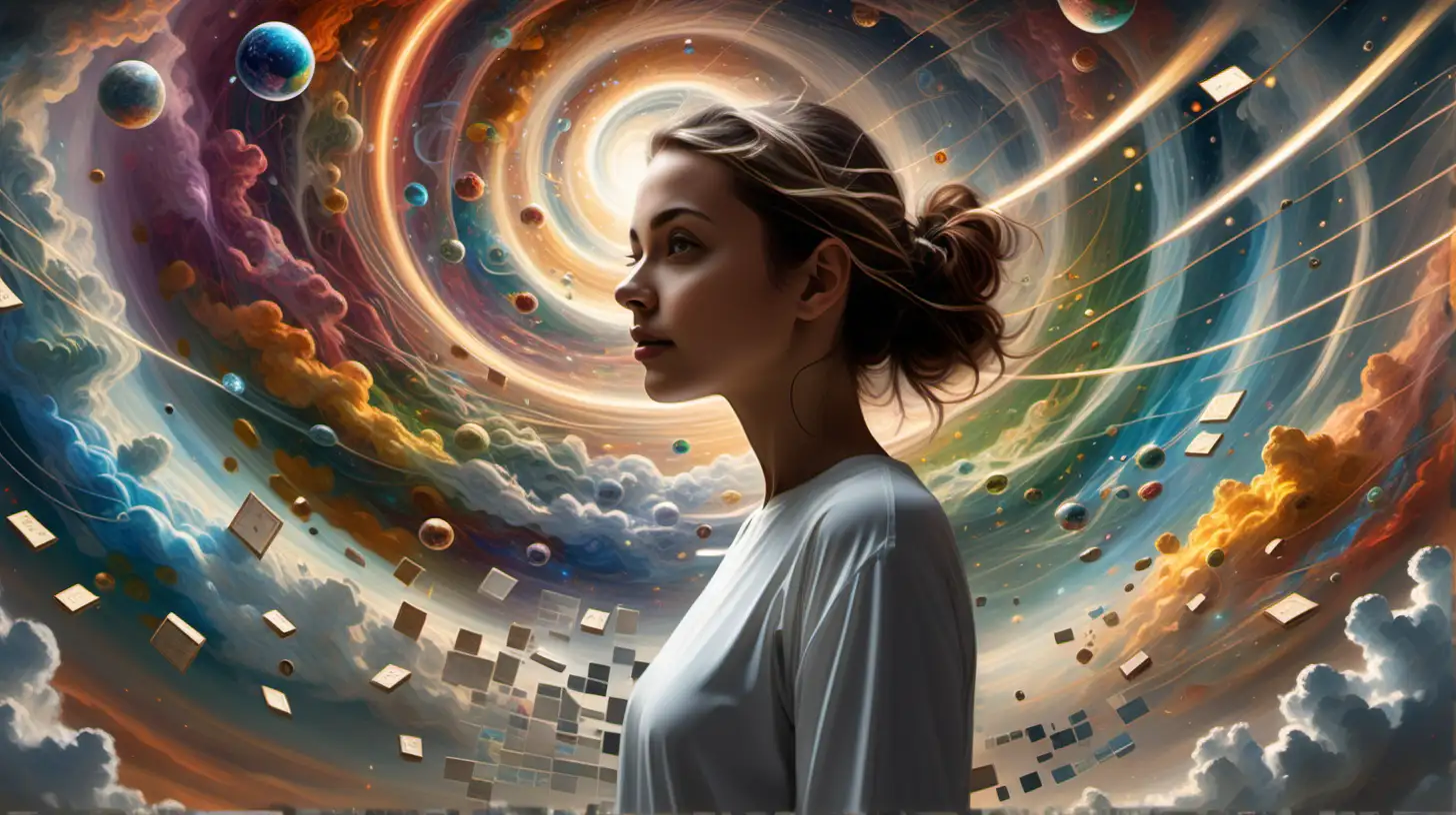 Visualize a digital canvas where a woman on their path to becoming a certified ethical emerging technologist, stands amidst a swirling array of otherworldly interconnected pieces. The woman is depicted as being halfway through their coursework, indicating a sense of progress and accomplishment. The puzzle represents various concepts, principles, and technologies encountered during the learning process.

In the background, ethereal light streams through clouds, symbolizing enlightenment and understanding. Acronyms relevant to the field, such as AI, IoT, and ML, subtly integrate into the puzzle pieces, gradually becoming clearer and more comprehensible as the figure progresses. 

Through thoughtful composition and rich colors, convey a sense of excitement, determination, and fulfillment as the individual realizes the significance of each step taken towards their goal. Let the image inspire a sense of curiosity and wonder about the transformative journey towards becoming an ethical emerging technologist.