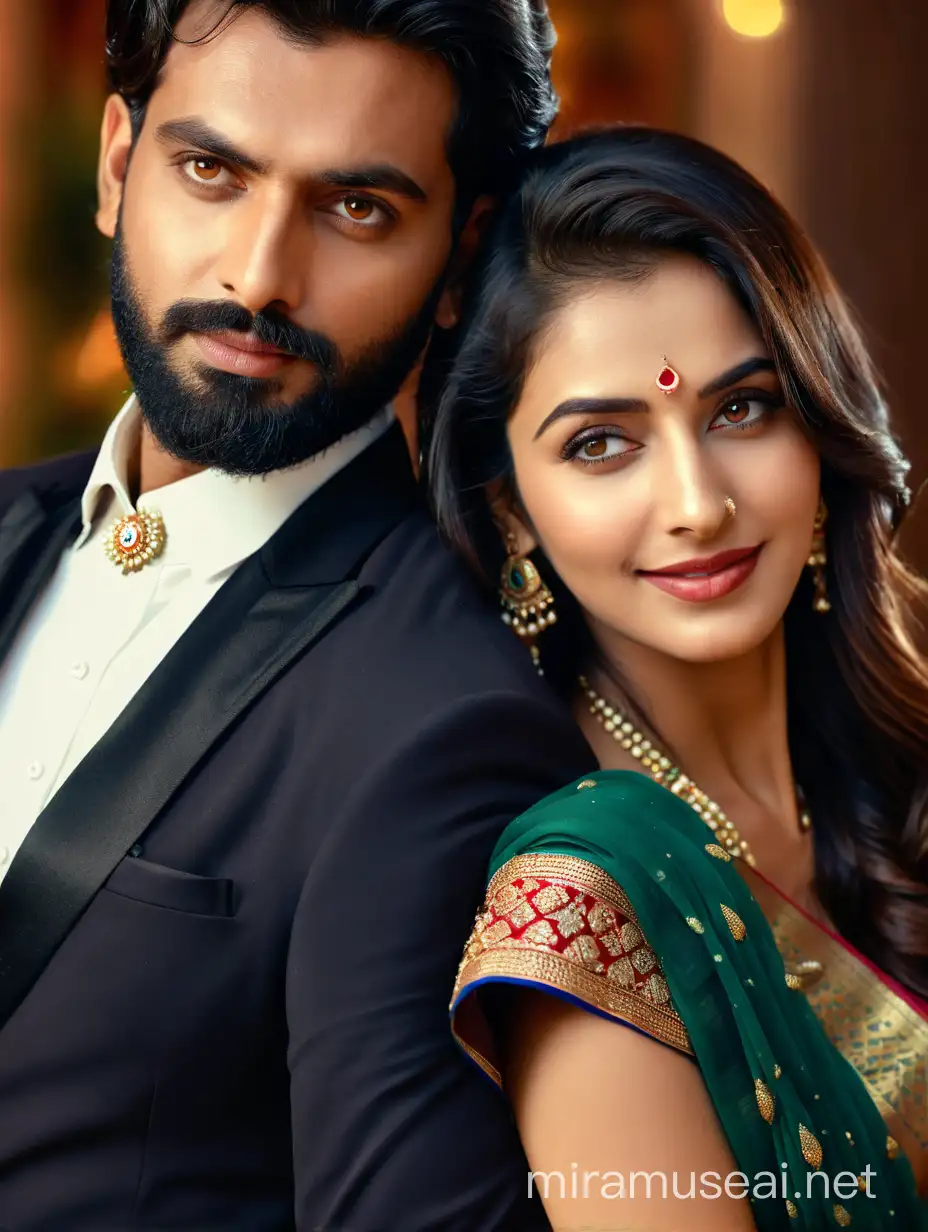 full portrait photo of most beautiful european couple as most beautiful indian couple, most beautiful girl in traditional elegant saree, full makeup with jewelry, , embracing  man from back side, . girl holding man from back, girl holding man from back  with emotional attachment and ecstasy, man with stylish beard and in formals mathing colors,  and tie, photo realistic, 4k.