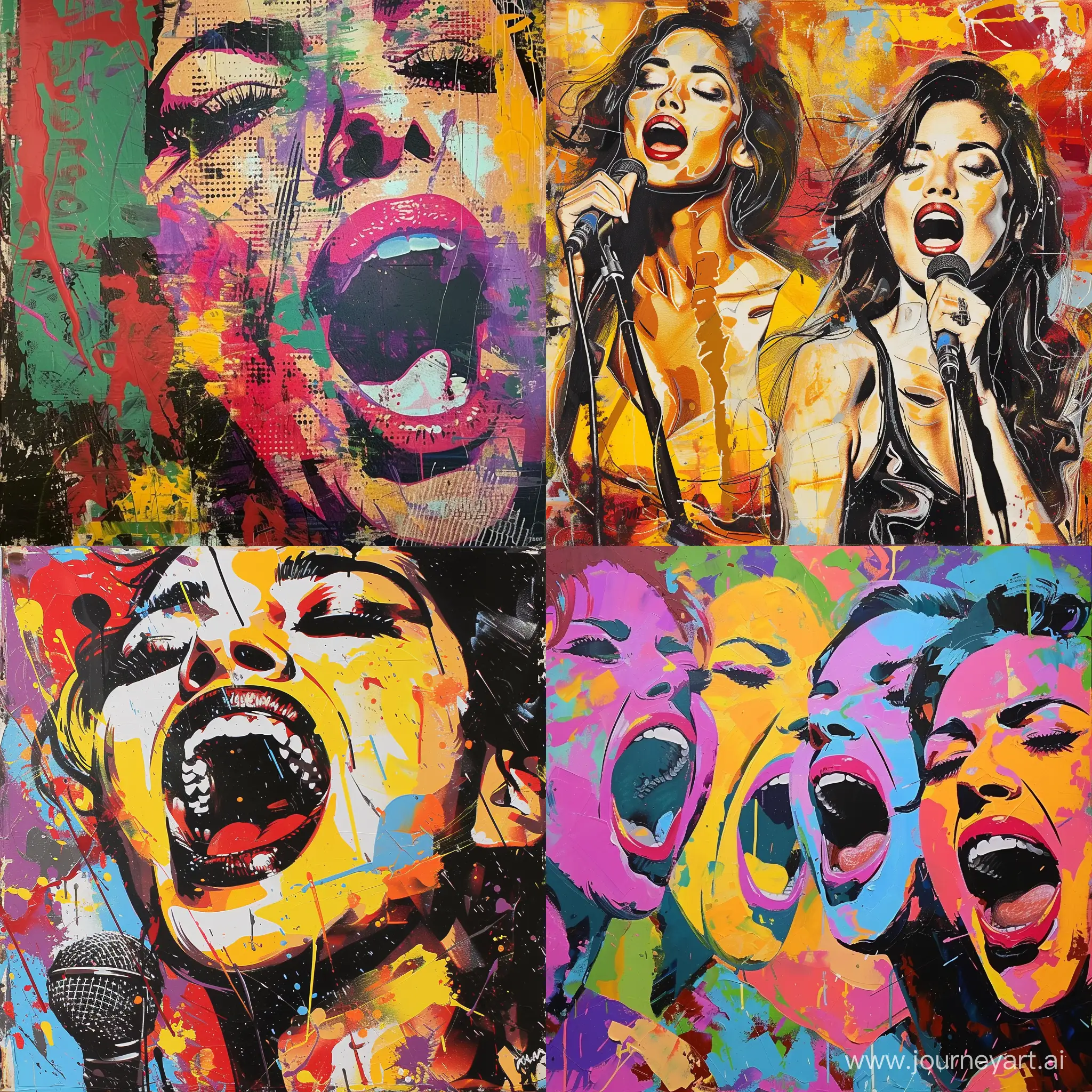 pop art painting in the style of mimmo rotella with theme: women and their creativity expressed in singing and sounds