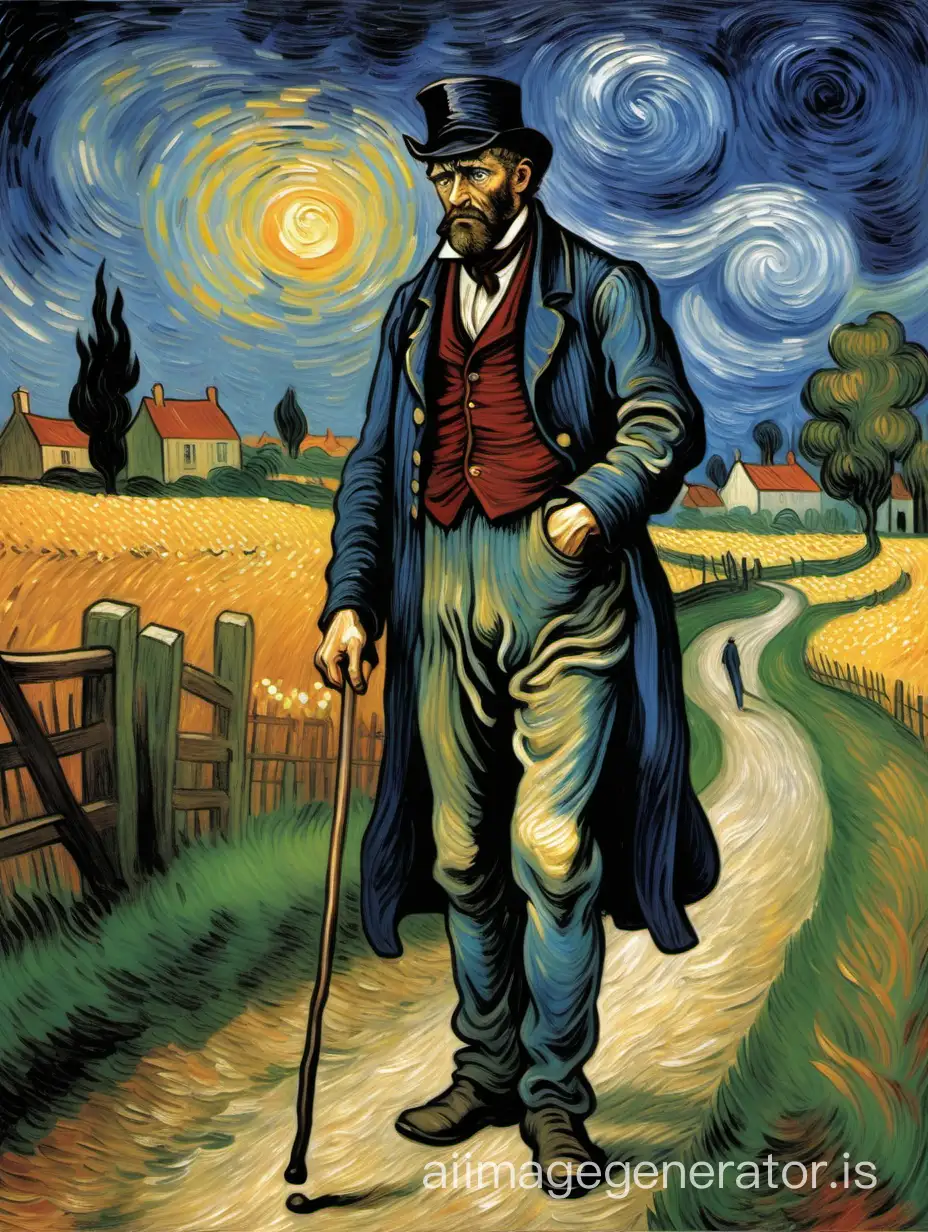 Jean Valjean very unhappy with a cane walks in the countryside at the end of the day in the 19th century like a painting by Van Gogh