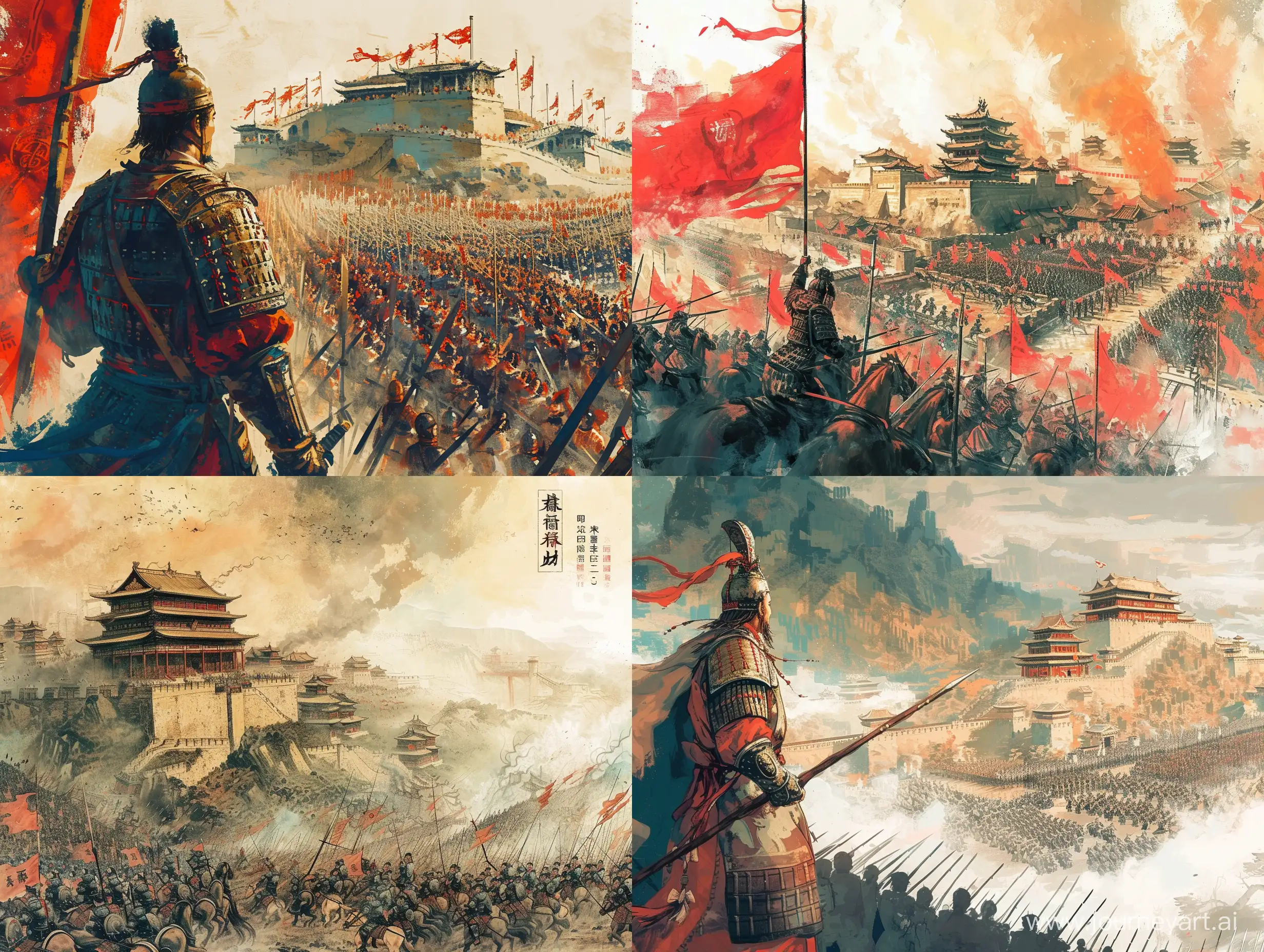 一个将军率领大军攻打城池，彩色中国风，水墨画风格，高清，高级感，大师之作，古代，东方美学。