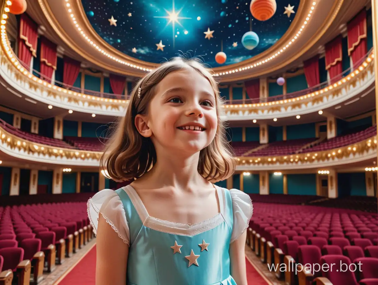 cheerful Soviet girl 11 years old in full growth review "To the Stars" scene of the music hall with magnificent space decorations
