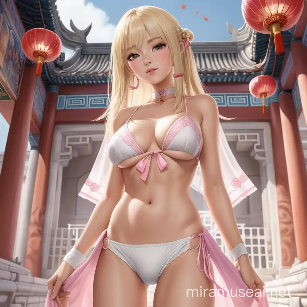 罗马广场上 ，金发公主身穿性感暴露的白色内衣，纤细裸露的长腿，粉色的内裤，中式可爱的面容