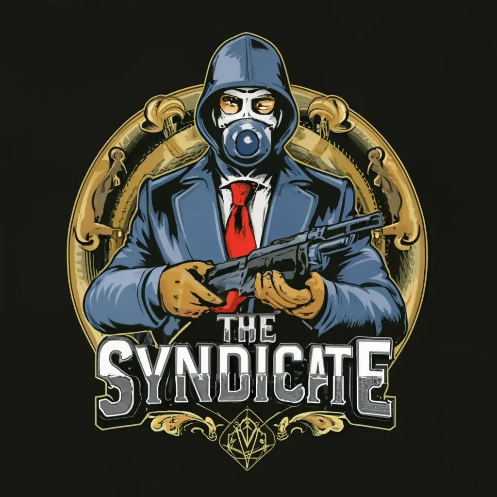 logo, Guy wearing Suit with a full mask on holding an ak-47, with the text "The Syndicate", typography