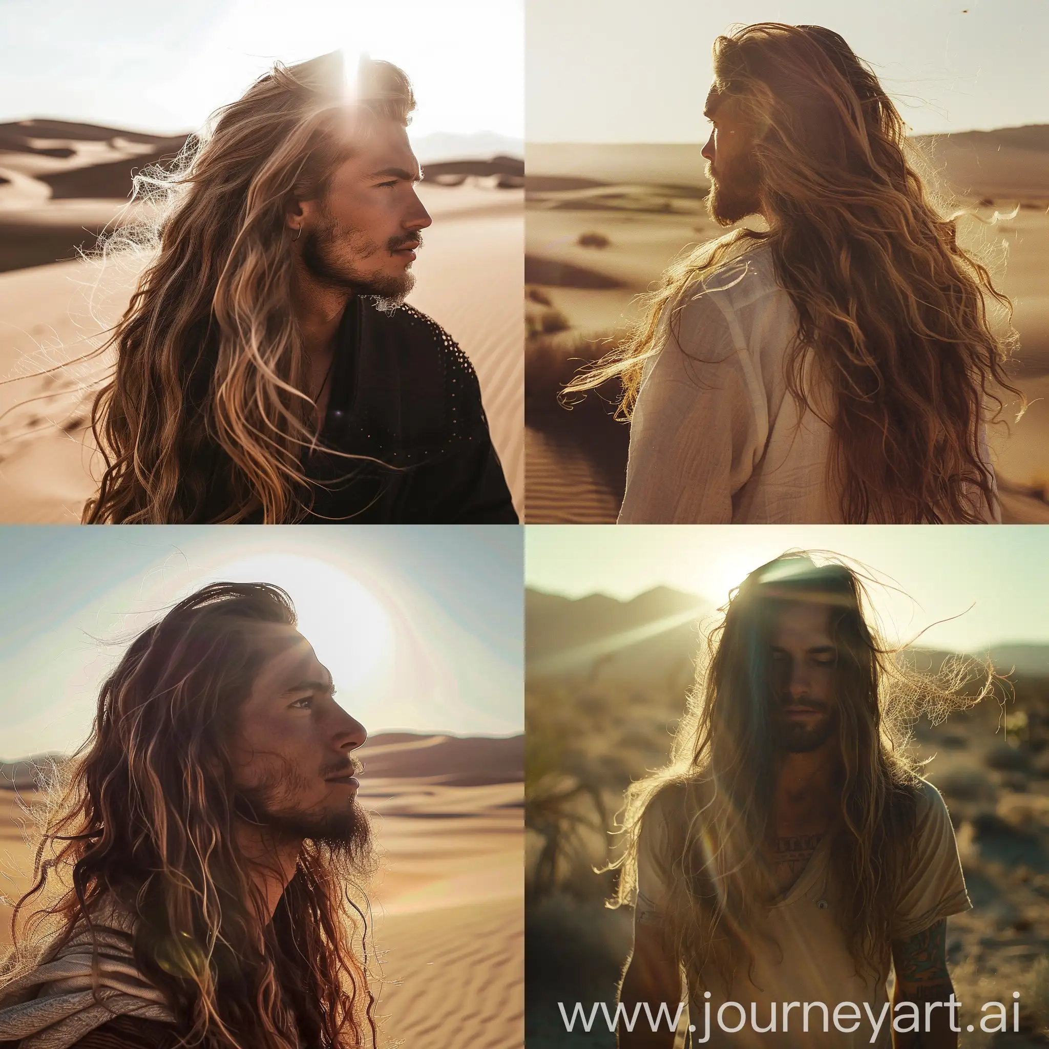 Man-with-Long-Hair-Enjoying-Sunshine-in-Desert-Landscape