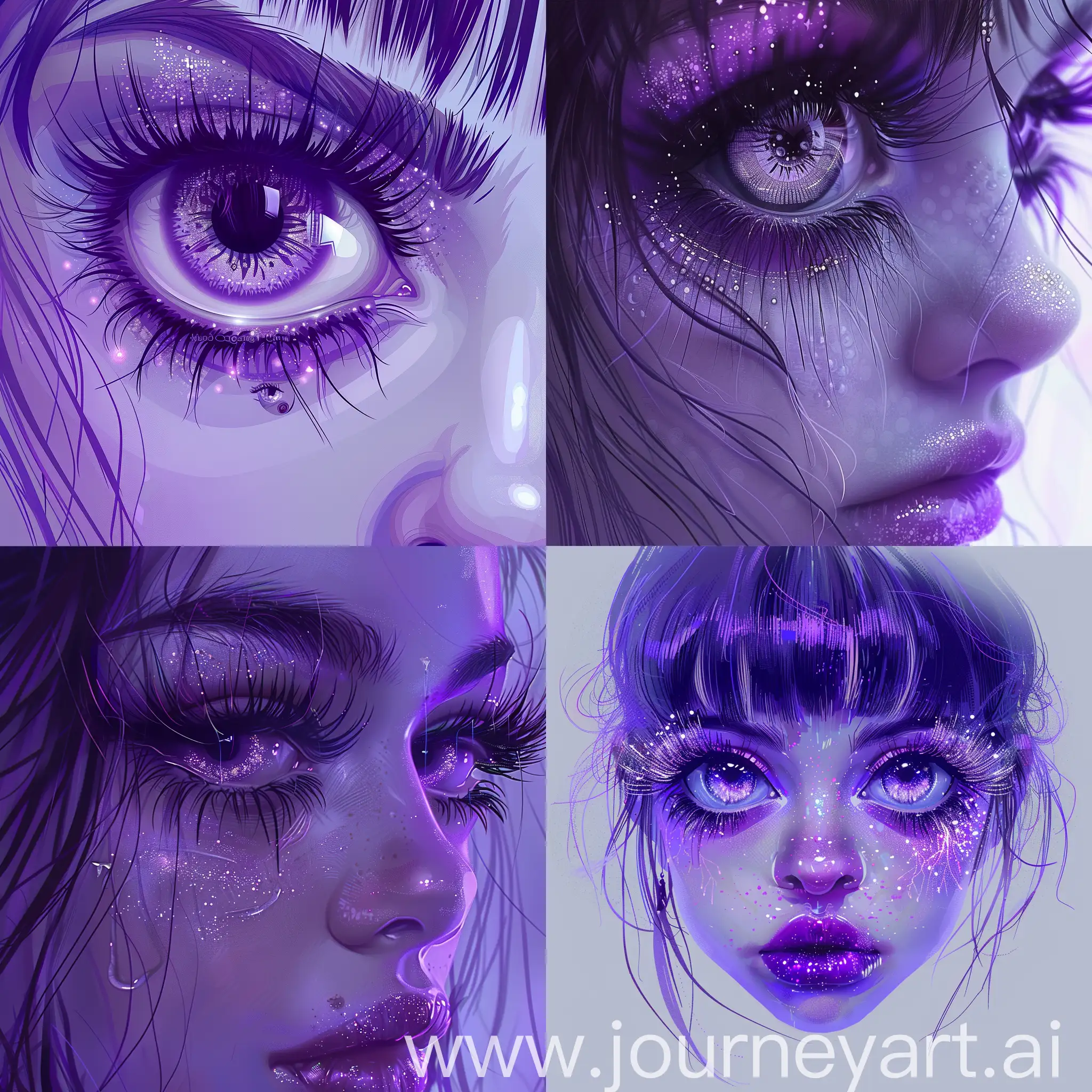 Gothic realistic girl with big eyes and lashes, smart hair, градиент пурпурный, реалистично, пиксельная проработка, высокая детализация, много деталей,  реалистично, высокое качество, произведение искусства, glitter,  гипердетализация, профессионально, мистический взгляд, сверхдетализация, гиперреализм, профессионально intricate details, прозрачно, подсветка сзади, 128k, высокая частота, детальная прорисовка глаз, 5д