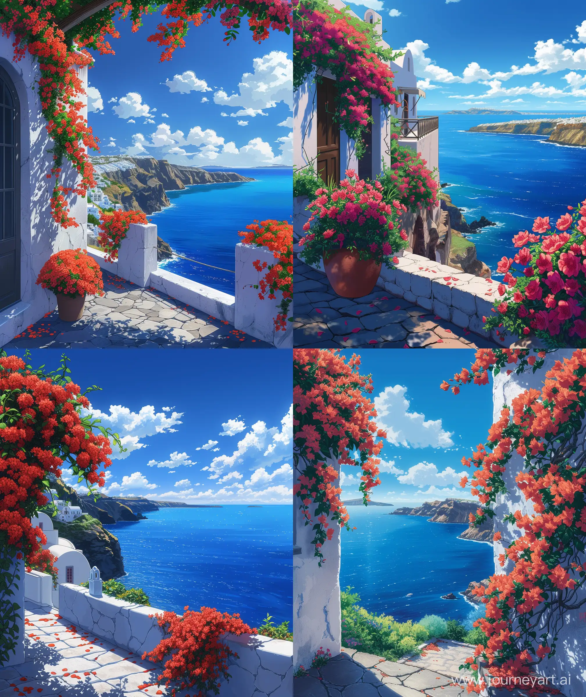 Bougainville-Decoration-Home-Serene-Anime-Scenery-of-Santorini-with-Vibrant-Flower-Decor-and-Vast-Blue-Ocean-View