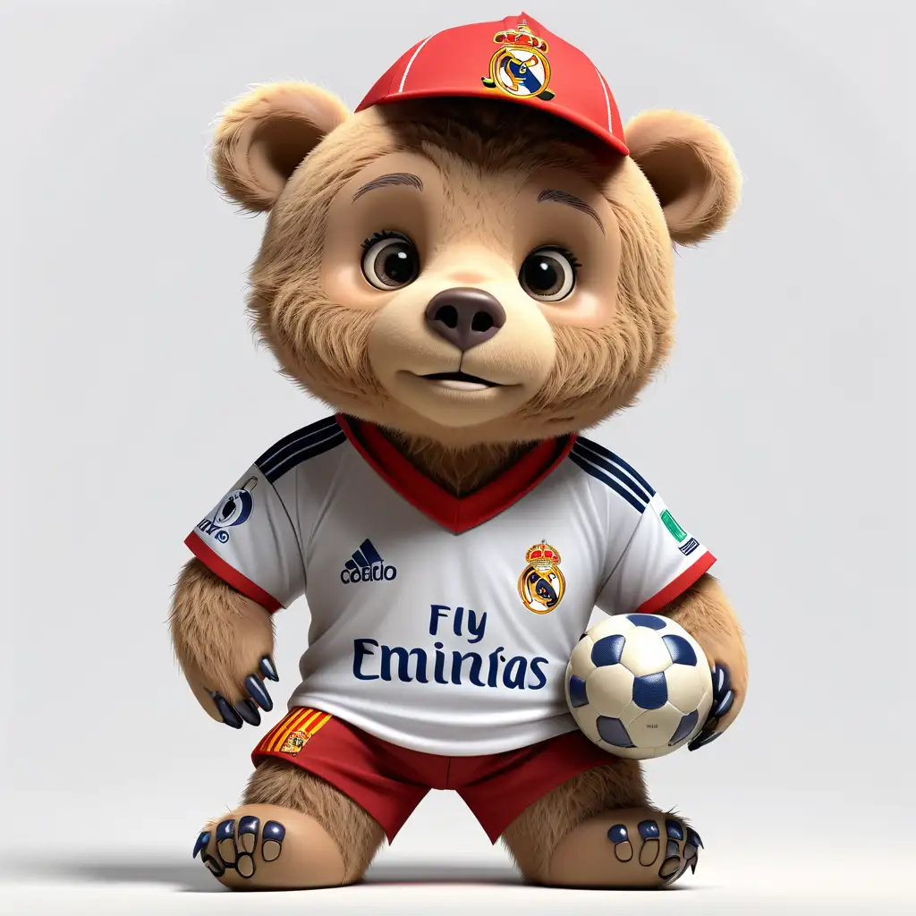 A cute bear with a Spanish Real Madrid soccer team uniform with a white background