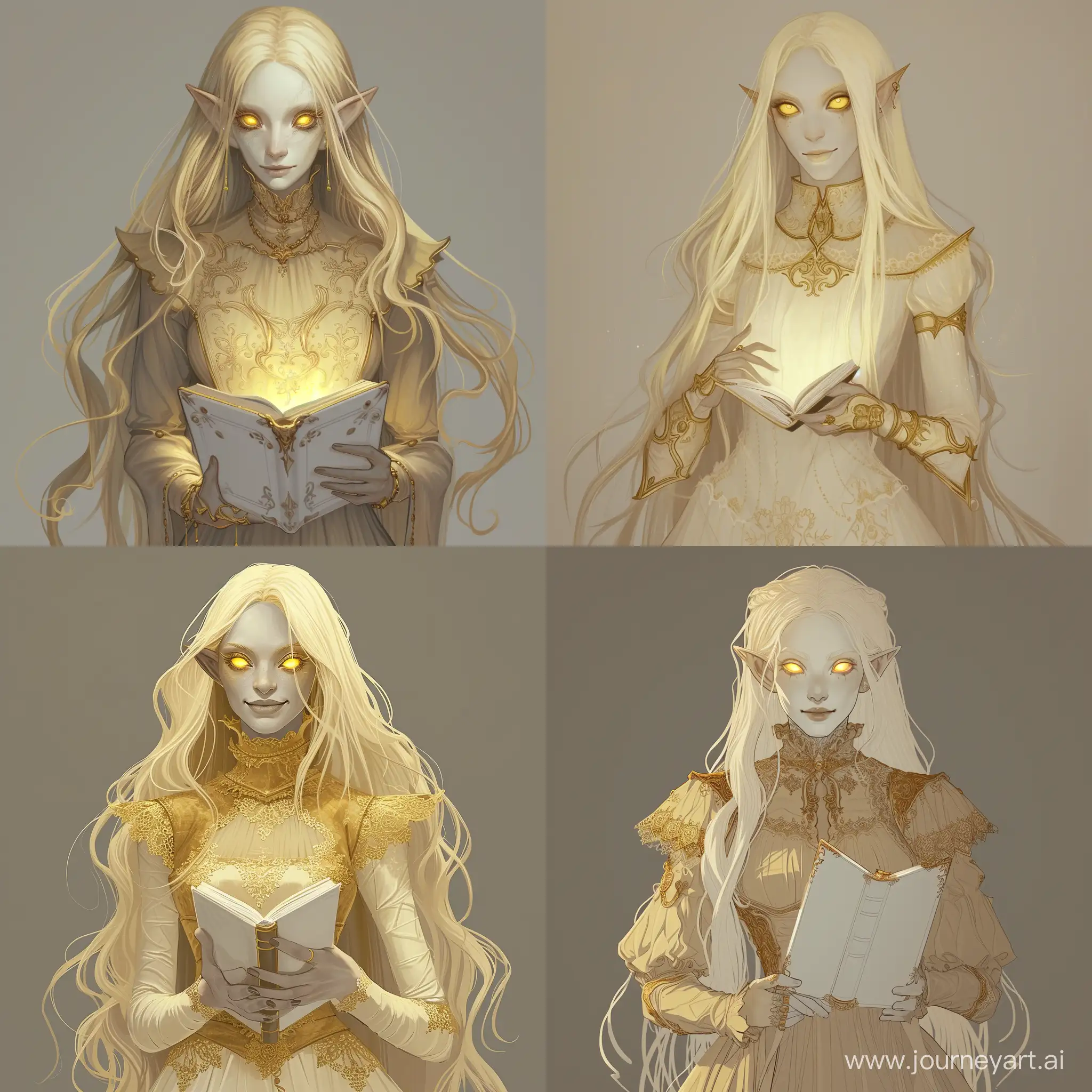 Draw a character from the Dungeons and Dragons universe according to the following description: She is a high elf witch with long pale-gold hair and glowing yellow eyes. She has light beige skin, a soft smile on her face and a white book with golden trim in her hands. The witch is dressed in a a formal dress with a high collar and sleeves. The dress is sparingly decorated with gold lace.