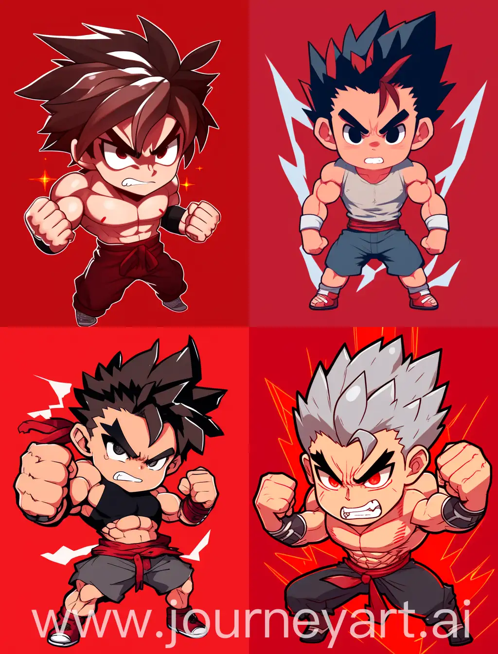 angry chibi anime guy showing muscles, cartoon anime style, with strong lines, with red solid background