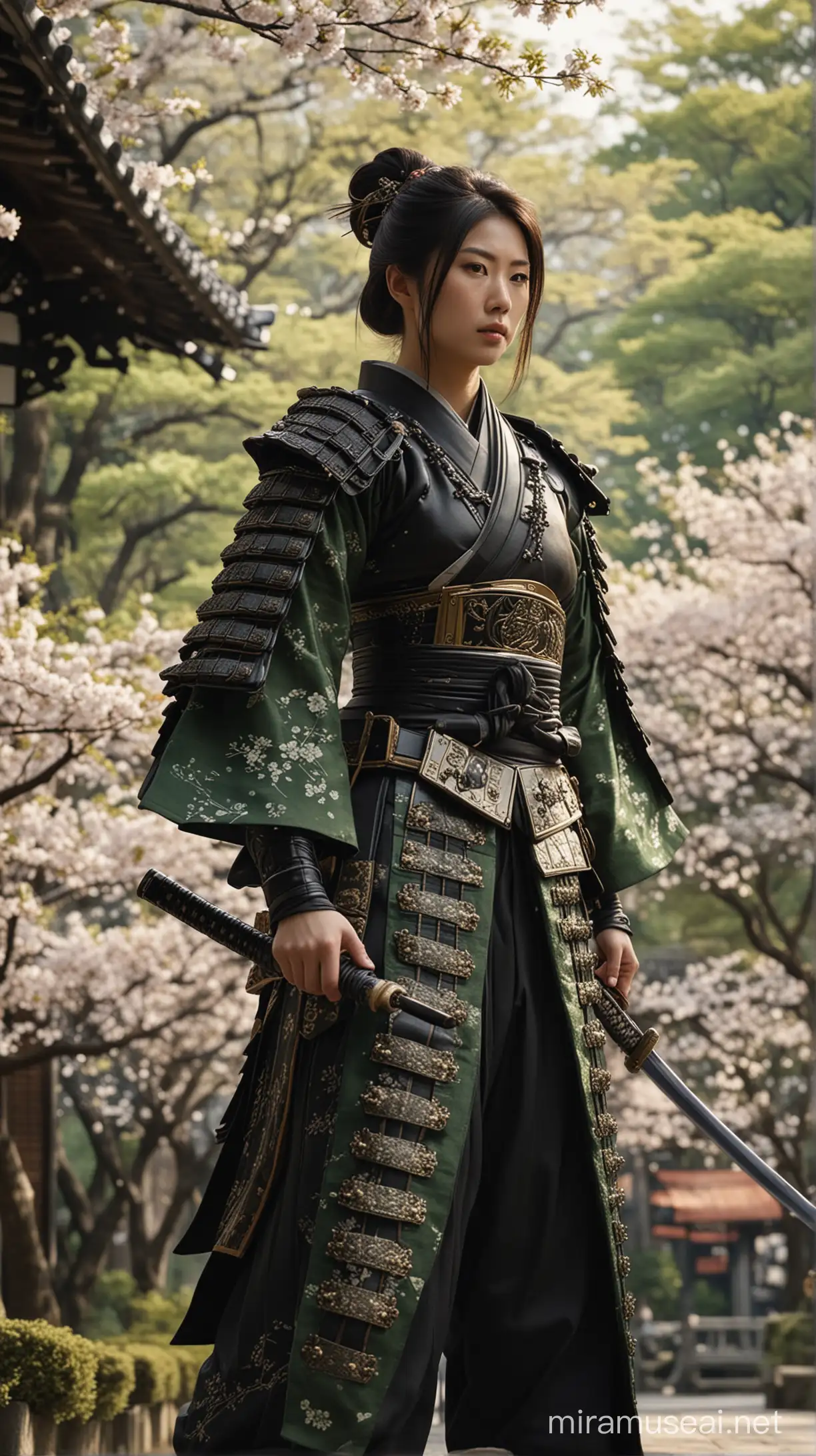 Character: A striking female samurai dressed in shiny black and green ō-yoroi armor, showing off both beauty and power. The armor's detailed design adds depth to her character.
Environment: A peaceful Japanese Temple surrounded by blooming cherry blossom trees. The temple's detailed architecture is clearly shown, enhancing its grand scale.
Background: The front view of a symmetrical Japanese Temple, providing a fitting backdrop. The sharp lines and patterns add depth to the overall view.
Style: A blend of traditional Samurai and modern fashion in a black and green ō-yoroi style. The mix of old and new is clearly showcased.
Photography Type: Cinematic Fashion Editorial that captures the essence of the ō-yoroi Samurai Warrior. Every detail is carefully captured to tell a visually appealing story.
Theme: A campaign celebrating the ō-yoroi Samurai Warrior, showcasing the blend of tradition and modernity. The theme is meticulously detailed, allowing viewers to immerse themselves in the samurai world.
Visual Filters: Enhanced with a Fashion Film Look-Up Table (LUT), adding depth to the visual story. The LUT improves the image's clarity and cinematic quality.
Camera Effects: Subtle blur and haze effects are added along with a Cinematic Film Lut, enhancing the depth and adding atmosphere to the scene.
Time: Evening time adds a calm and charming ambiance to the scene. The soft lights highlight the scene's details.
Resolution: Captured in high resolution to preserve every detail. The high resolution enhances the viewing experience.
Key Element: The black and green ō-yoroi technical textile, a highlight of the outfit, displays exquisite craftsmanship. The armor's details are clearly shown.
Details: Detailed embellishments on the black and green ō-yoroi armor's textile catch and reflect light, adding depth to the visual story. Every detail, from the smallest to the overall character's silhouette, is carefully shown, creating a visually and emotionally appealing image.